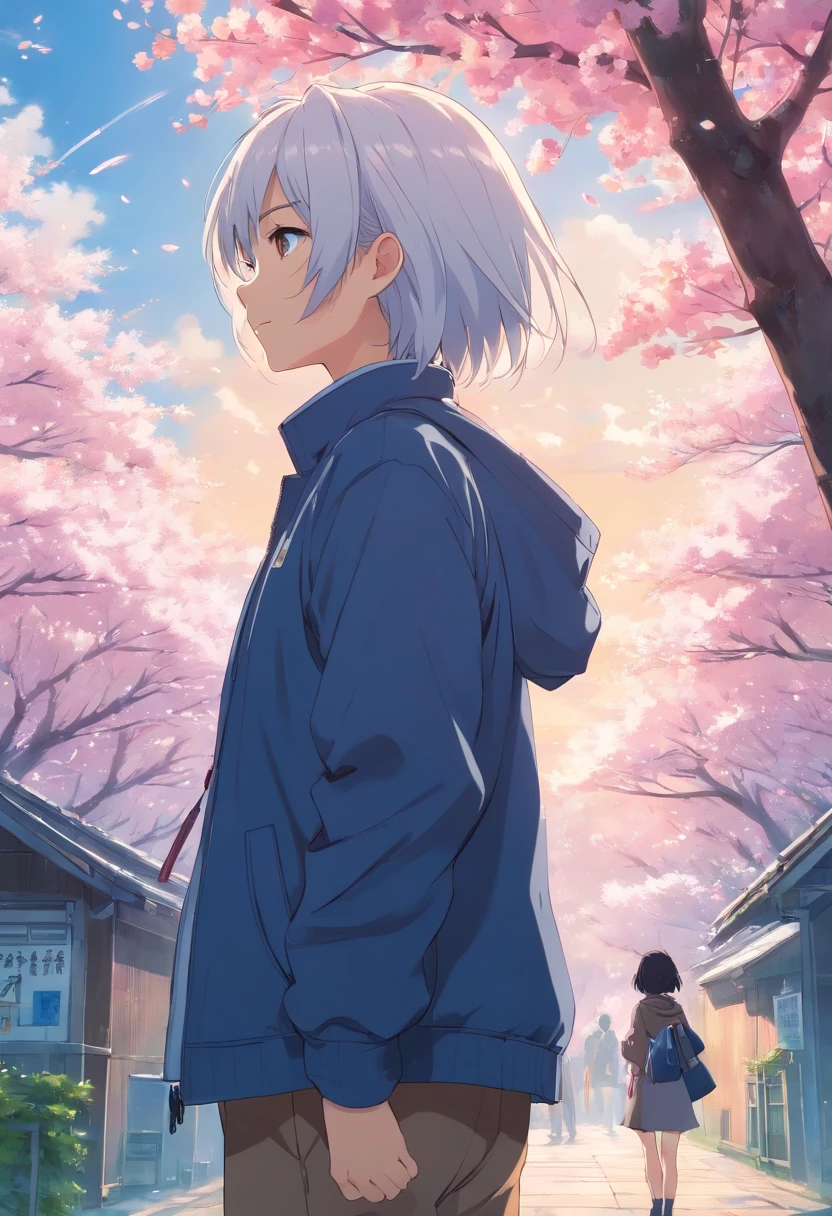 A white hair anime handsome, good looking yet mature boy wearing dark blue jacket , palms in the bunk of a large cherry blossom tree, he is looking at it . sakuras are scattering in the wind . an pretty anime girl with long black hair standing at a distant with her back to the boy . wind is blowing , she looks back holding the locks of her hair