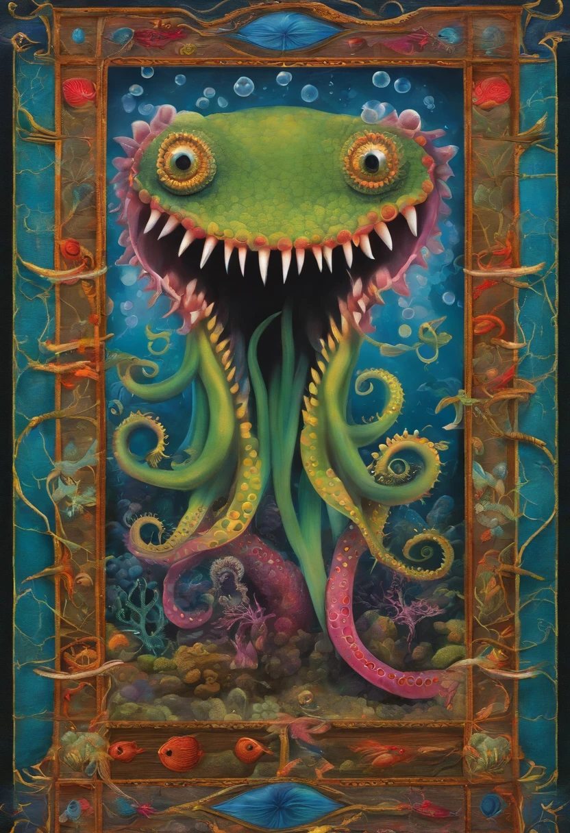 Monstre marin, 8 tentacules, trident dans une tentacule, Brightly coloured water decorations, posture agressive, bouche ouverte, spits ink, Demonic eyes, odd, casual, cauchemardesque, Very bright colors, Light particles, with bright light, Mshiff, Art du papier peint, UHD wallpaper