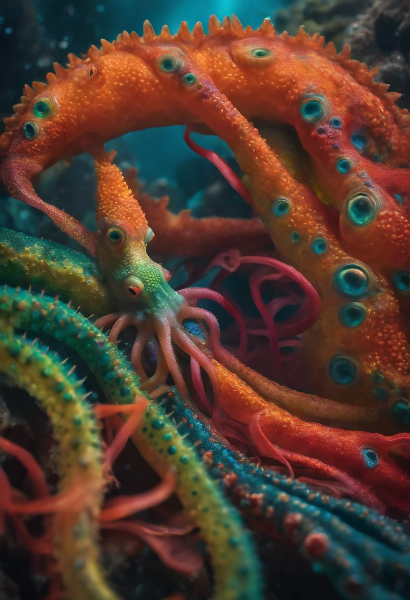 Monstre marin, 8 tentacules, trident dans une tentacule, Brightly coloured water decorations, posture agressive, bouche ouverte, spits ink, Demonic eyes, odd, casual, cauchemardesque, Very bright colors, Light particles, with bright light, Mshiff, Art du papier peint, UHD wallpaper