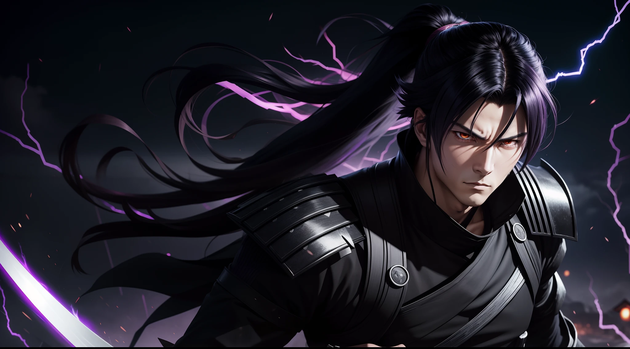 epic anime style, purple lightning, evil temperament, 20 years old male shadow assassin, black aura shine, shadow supervisor, handsome face, brilliant and majestic. Beautiful standard body and complete body structure. full body shot of a man with lightning in his hand, an epic anime about a purple energy man, in a fighting stance with long black ponytail blowing in the wind and glowing eyes look at the viewer. Cool Gapmoe Yandere, menacing look, gintama's Hijikata Toushirou, inspired by Masanobu Okumura, the originator of the anime art style, Nobutaka Ike, the night war rages behind him. Highest image quality 8K, details everything 8K.