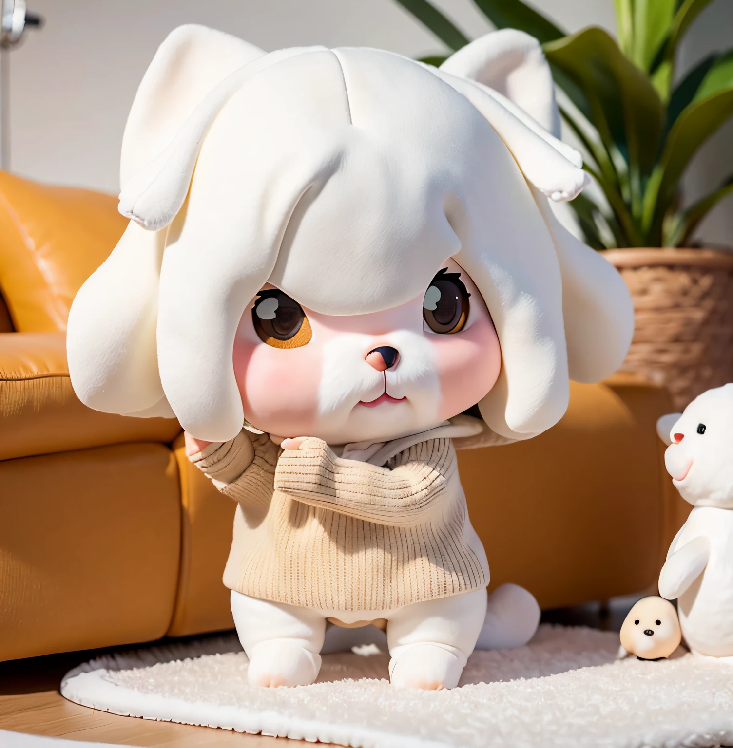 There is a white dog in a sweater on the sofa, Cute dog, kawaii cute dog, fluffy face, fluffy body, with white fluffy fur, Fluffy, furry neck, fluffy chest, pets, komono, plushies, fluffy fluffy fur, small white dog at her side, poofy, fluffy'', cute animal, with small nose,Bichon Terrier