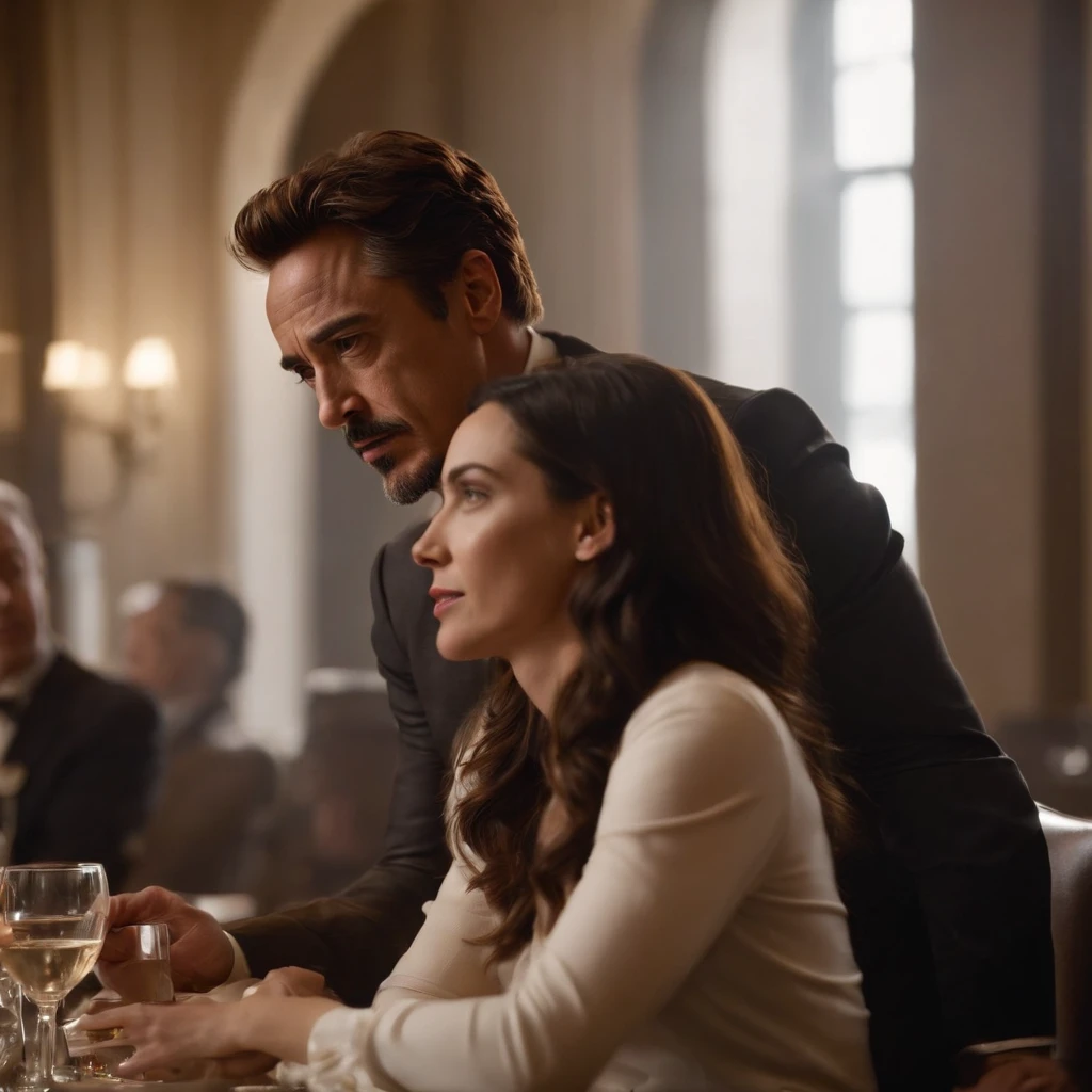 The man in his 45s with black very short hair and smooth face with moustache. The woman in her 45s wit brown long wavy hair. Romantic. Sensual. Passion. Fireplace. Night, dark, dim. Ultra realistic.