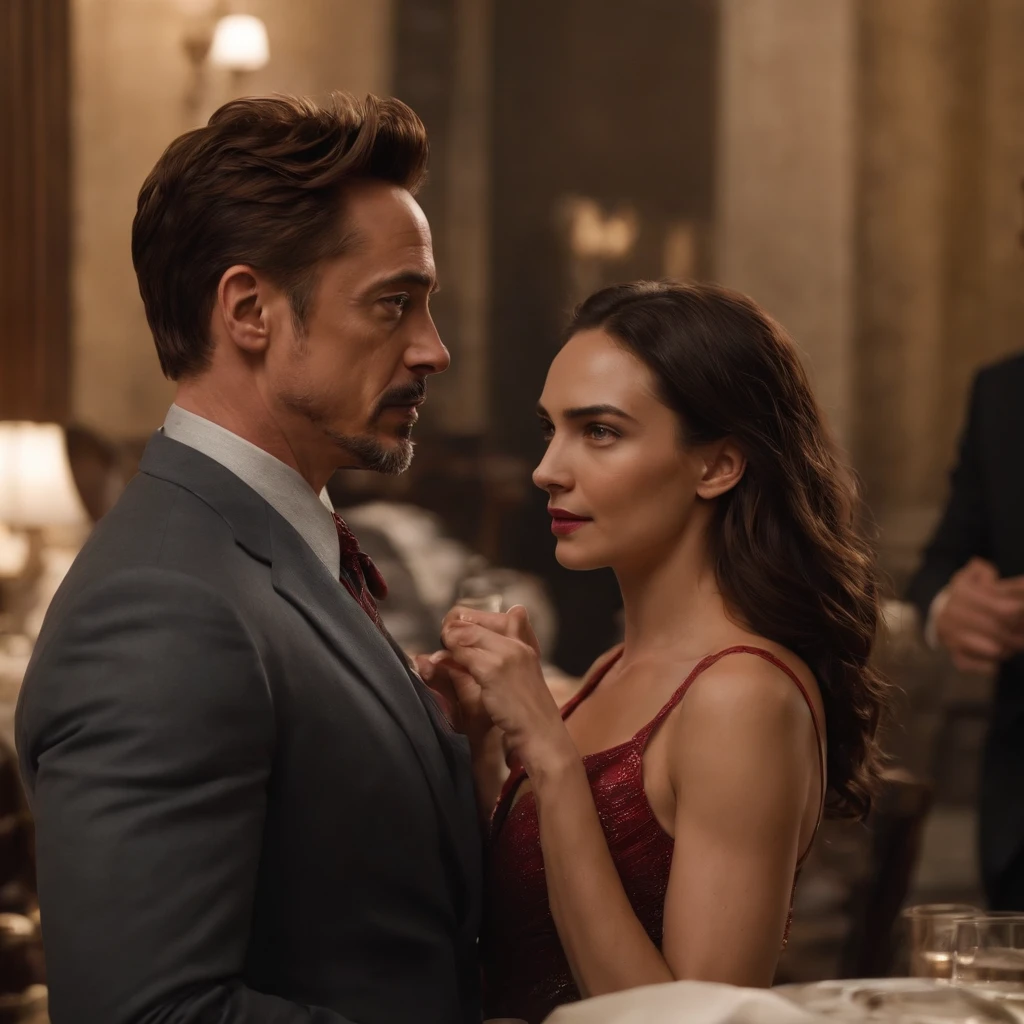 iron man with wonder woman dating in a fine restaurant, dcu and Mcu crossover. robert downey jr, gal gadot