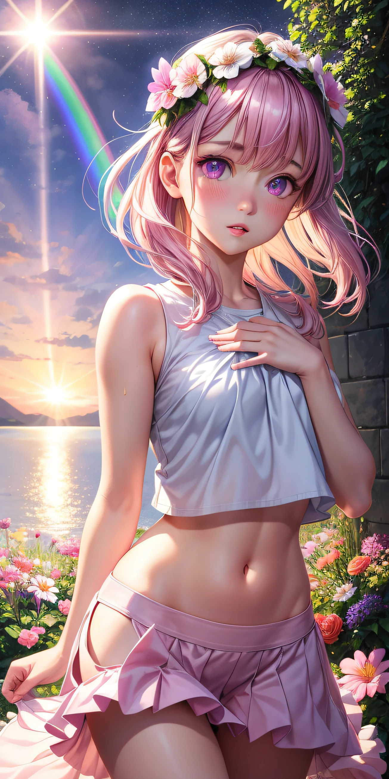 realistic, 1girl, white pink, purple eyes, glowing eyes, crop top, skirt, parted lips, blush, night, flowers, sun, sunlight, rainbow