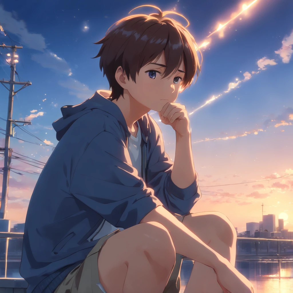 Masterpiece, Best quality, cinematic Film still from, 1boy, Libido boy, Floating in the sky, Close-up, Bright, sad, Warm and soft lighting, Daytime, (spark of light:0.7), (AS-Young:1.7), (1boy:1.8), (Male focus:1.2), (Cute:1.7) Shigeo Kageyama, Mob psychosis, view the viewer, Sitting down, sad,front poses,sitted