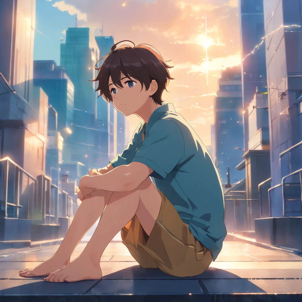 Masterpiece, Best quality, cinematic Film still from, 1boy, Libido boy, Floating in the sky, Close-up, Bright, sad, Warm and soft lighting, Daytime, (spark of light:0.7), (AS-Young:1.7), (1boy:1.8), (Male focus:1.2), (Cute:1.7) Shigeo Kageyama, Mob psychosis, view the viewer, Sitting down, sad,front poses,sitted