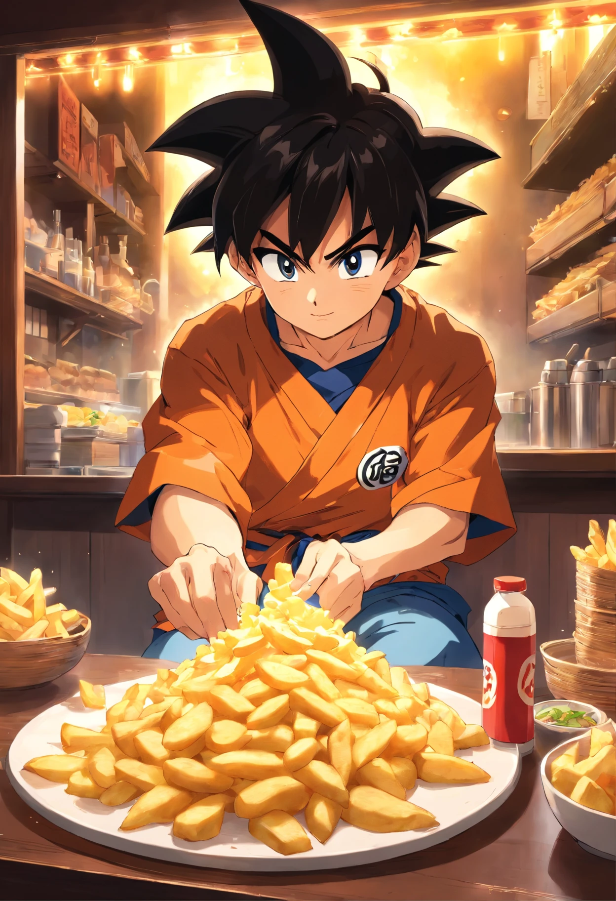 Goku comendo batatas fritas em Izakaya