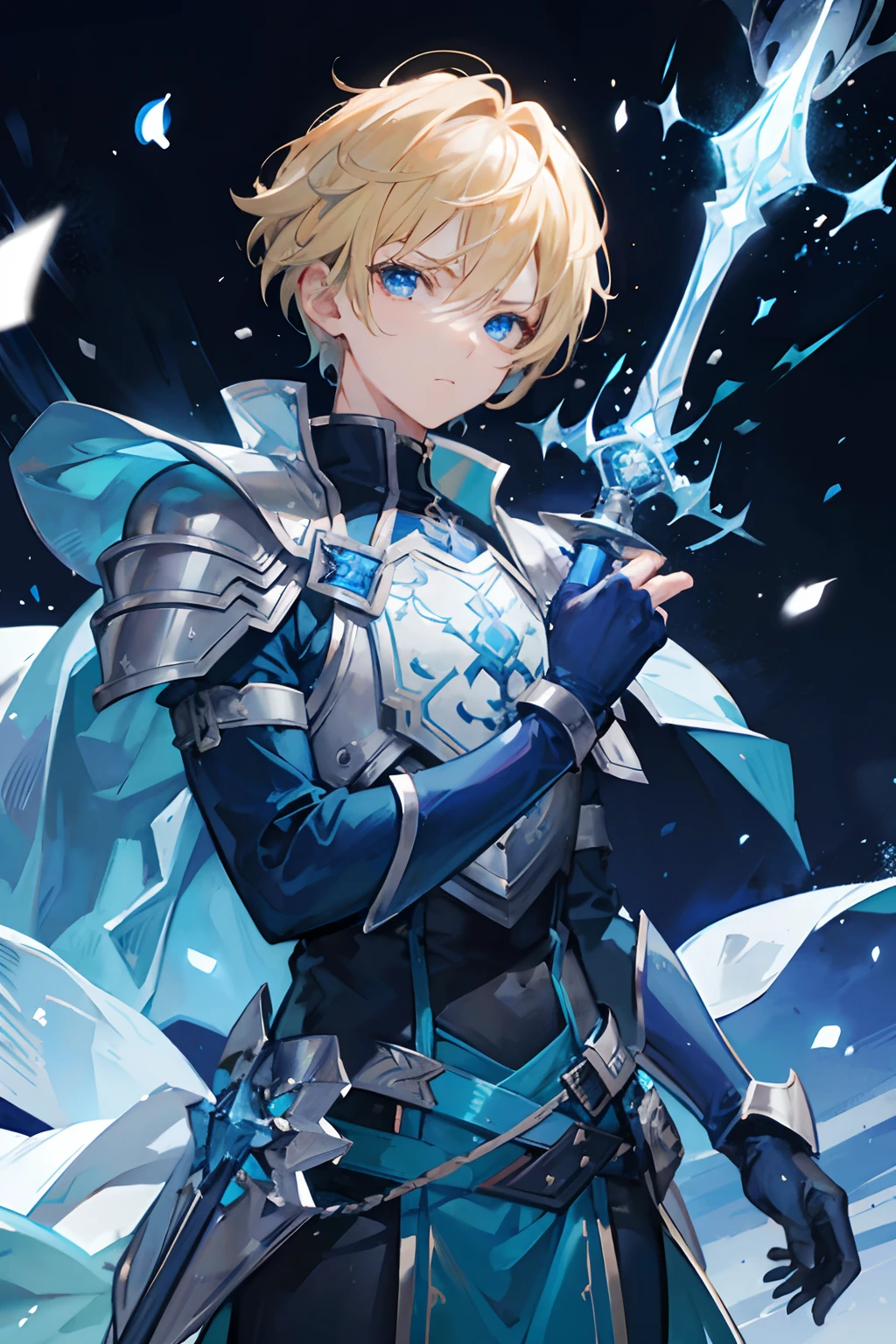 Froy Gutierrez holding a blue shining long sword from its hilt, wearing a blue coat, pair of gauntlets, blonde short hair, upper body, cold and furious facial features, detailed facial features, high quality, masterpiece, blue eyes, lighting in the background, Anime art style
