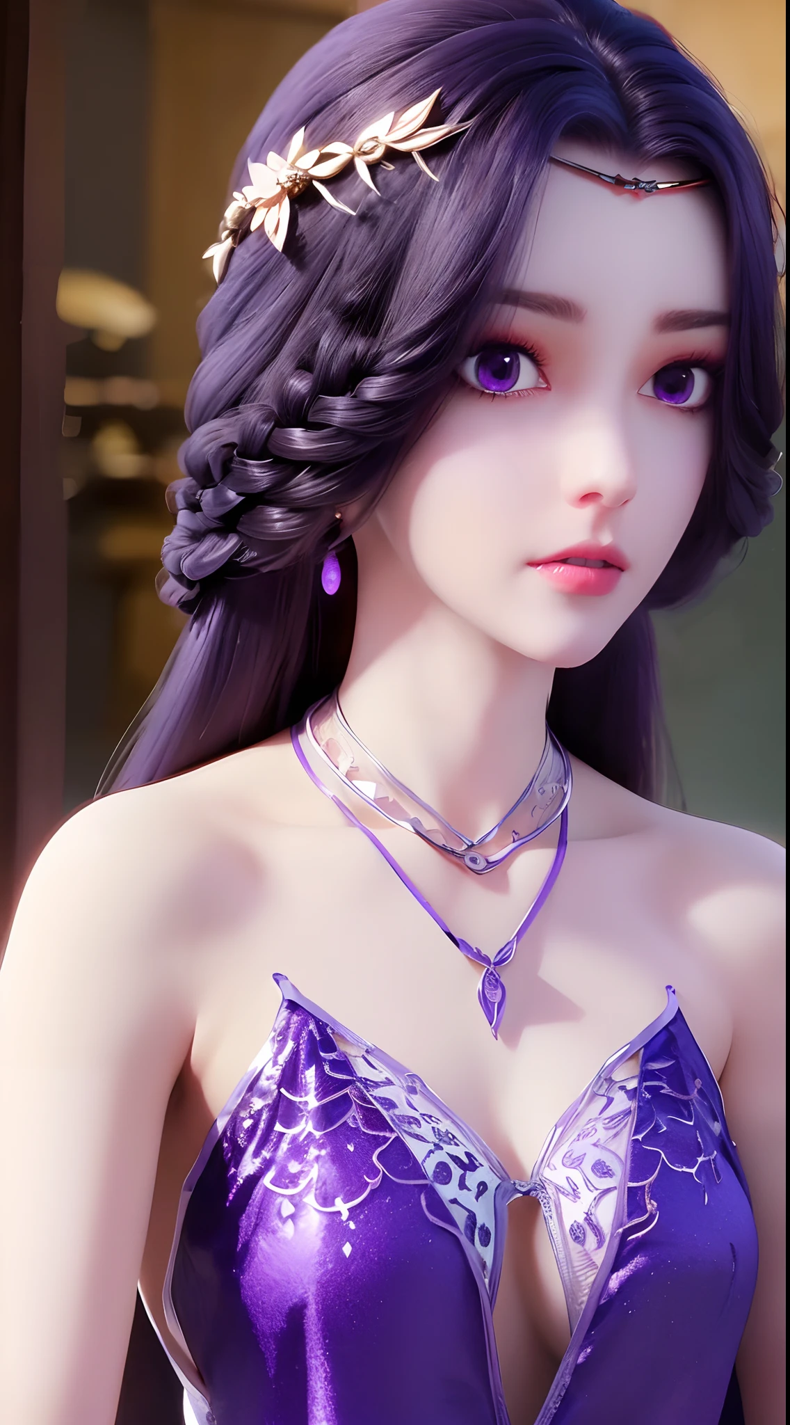 A beautiful sexy 20 year old girl, ((wearing a silk camisole and a very thin and sexy antique dress:1.8)), Extremely voluptuous girl in a small camisole, long hair and purple bangs, most beautiful and detailed hair jewelry, ((wearing a light purple lace necklace:1.6)), Super cute little face Extremely beautiful face, thin eyebrows, the most beautiful and flawless face, ((black eye pupil:0.8)), very beautiful eyes, ((purple eyes:1.4)), hairy beautiful and detailed makeup eyelashes, high nose, earrings,thin lips, plump red lips, ban on laughing, beautiful lips, slender arms, The most beautiful thighs, ((2 arms reaching out to the sides: 1.5)), healthy limbs, rosy face, clean face, beautiful face without blemishes, smooth white skin, (big breasts: 1.5)), Blums breasts, beautiful cleavage, ((big and super round breasts: 1.8)), ((super tight breasts: 1.4)), ((breast augmentation: 1.6)), beautiful breasts, 2 hands behind your back, upper body of a beautiful girl, 8k photo, super high quality, super realistic, 10x super pixels, actual photo, dark studio, border light, two-tone lighting color, (high detail skin: 1.2), 8k ultra, soft light, high quality, volumetric light, candid, Photo, high resolution, light, best photo, 4k quality, 8k, bokeh, Smooth and sharp, 10x pixelated, (galaxy: 1.7), aurora, lightning, super graphics, most realistic graphics, alone, solo, Extremely sharp, surreal image, ((frontal portrait :1.2))."