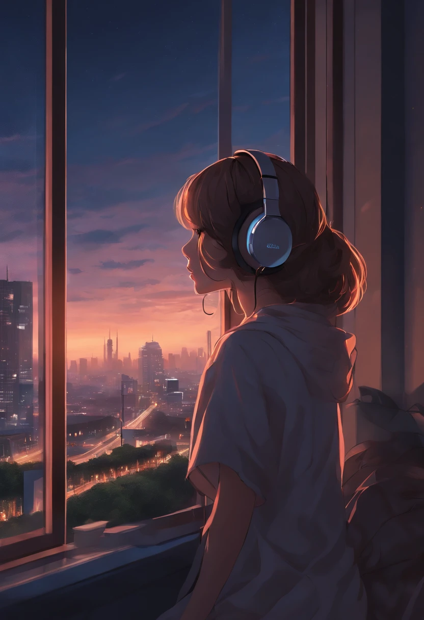anime girl with headphones looking out a window at a city, lofi girl, anime vibes, lofi artstyle, anime style 4 k, anime aesthetic, nightcore, lofi feel, lofi art, anime art wallpaper 4 k, anime art wallpaper 4k, anime wallpaper 4 k, anime wallpaper 4k, lofi vibes