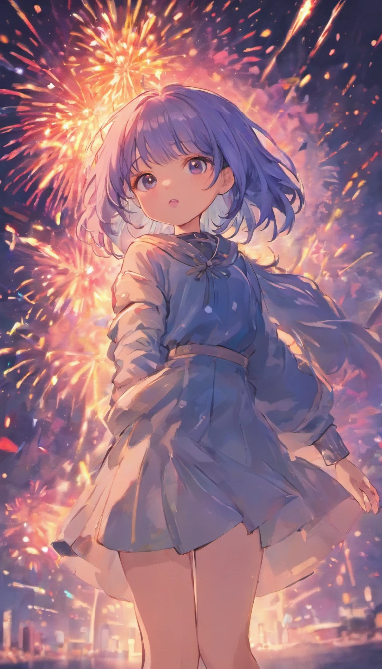 1girll，sideface，Sideways， Expose the whole body，Nice face，red pupils，Gray-black hair，Fireworks in bloom，Colorful fireworks，fire works，daysies，Floating in the sky，brightly，cheerfulness，Warm and soft lighting，early evening，Blue，light cloud，Bar cloud