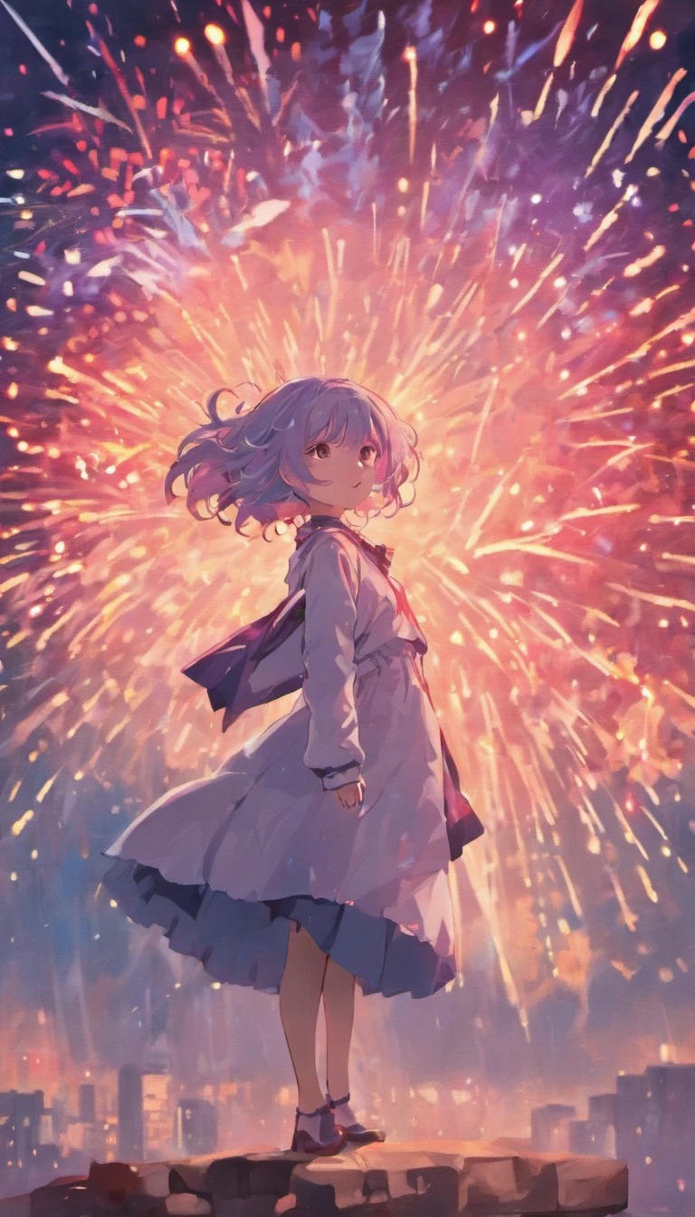 1girll,sideface,Sideways, Expose the whole body,Nice face,red pupils,Gray-black hair,Fireworks in bloom,Colorful fireworks,fire works,daysies,Floating in the sky,brightly,cheerfulness,Warm and soft lighting,early evening,Blue,light cloud,Bar cloud