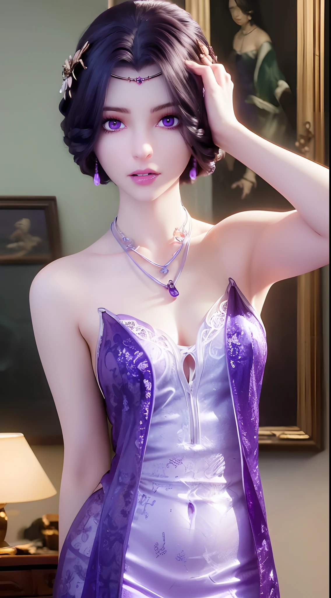 A beautiful sexy 20 year old girl, ((wearing a silk camisole and a very thin and sexy antique dress:1.8)), Extremely voluptuous girl in a small camisole, long hair and purple bangs, most beautiful and detailed hair jewelry, ((wearing a light purple lace necklace:1.6)), Super cute little face Extremely beautiful face, thin eyebrows, the most beautiful and flawless face, ((black eye pupil:0.8)), very beautiful eyes, ((purple eyes:1.4)), hairy beautiful and detailed makeup eyelashes, high nose, earrings,thin lips, plump red lips, ban on laughing, beautiful lips, slender arms, The most beautiful thighs, ((2 arms reaching out to the sides: 1.5)), healthy limbs, rosy face, clean face, beautiful face without blemishes, smooth white skin, (big breasts: 1.5)), Blums breasts, beautiful cleavage, ((big and super round breasts: 1.8)), ((super tight breasts: 1.4)), ((breast augmentation: 1.6)), beautiful breasts, 2 hands behind your back, upper body of a beautiful girl, 8k photo, super high quality, super realistic, 10x super pixels, actual photo, dark studio, border light, two-tone lighting color, (high detail skin: 1.2), 8k ultra, soft light, high quality, volumetric light, candid, Photo, high resolution, light, best photo, 4k quality, 8k, bokeh, Smooth and sharp, 10x pixelated, (galaxy: 1.7), aurora, lightning, super graphics, most realistic graphics, alone, solo, Extremely sharp, surreal image, ((frontal portrait :1.2))."