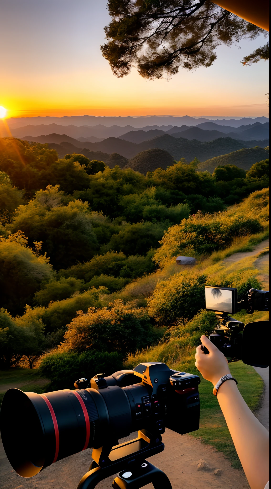 Sunset, evening glow, distant view, realistic, rich colors, gorgeous and colorful, wide-angle lens, shooting in the evening, positive film, naturalistic style, high-definition filming.