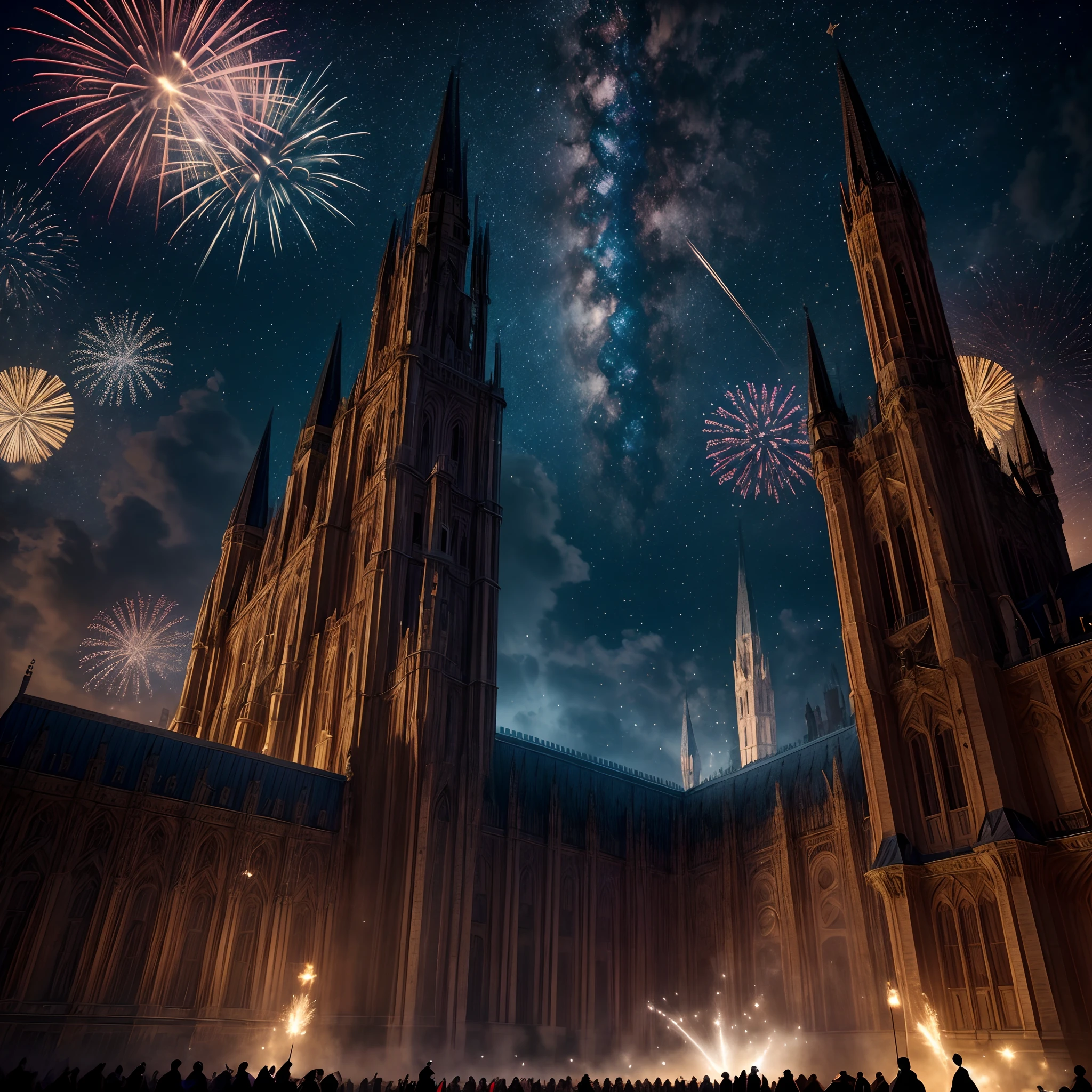 (best quality,4k,8k,highres,masterpiece:1.2),ultra-detailed,(realistic,photorealistic,photo-realistic:1.37),castle,medieval architecture,fortress,big,imposing,towering,knight,singing armor,shining armor,heroic figure,bold,intricate details,sparkling,beautiful fireworks,explosions of colors,bursts of light,vivid displays,sky filled with brilliance,awe-inspiring,mesmerizing spectacle,lively atmosphere,celebratory,joyful,nighttime,starlit sky,shadowy silhouettes,dazzling illuminations,historical setting,fantasy,enchanted world,grandeur,majestic,royal,dramatic lighting,contrasting shadows,torchlight,moonlight,illusion of movement,suspenseful ambiance,imaginative,storytelling quality
