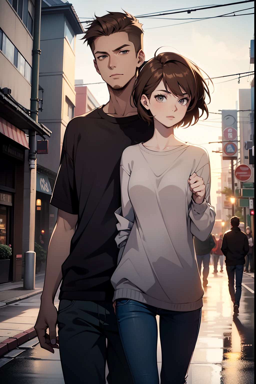 young couple, a tall white young woman with short hair, a young white man with brown hair, both are very thin, casual clothes, downtown settings,((high quality)),((masterpiece)),((highly detailed)),4K