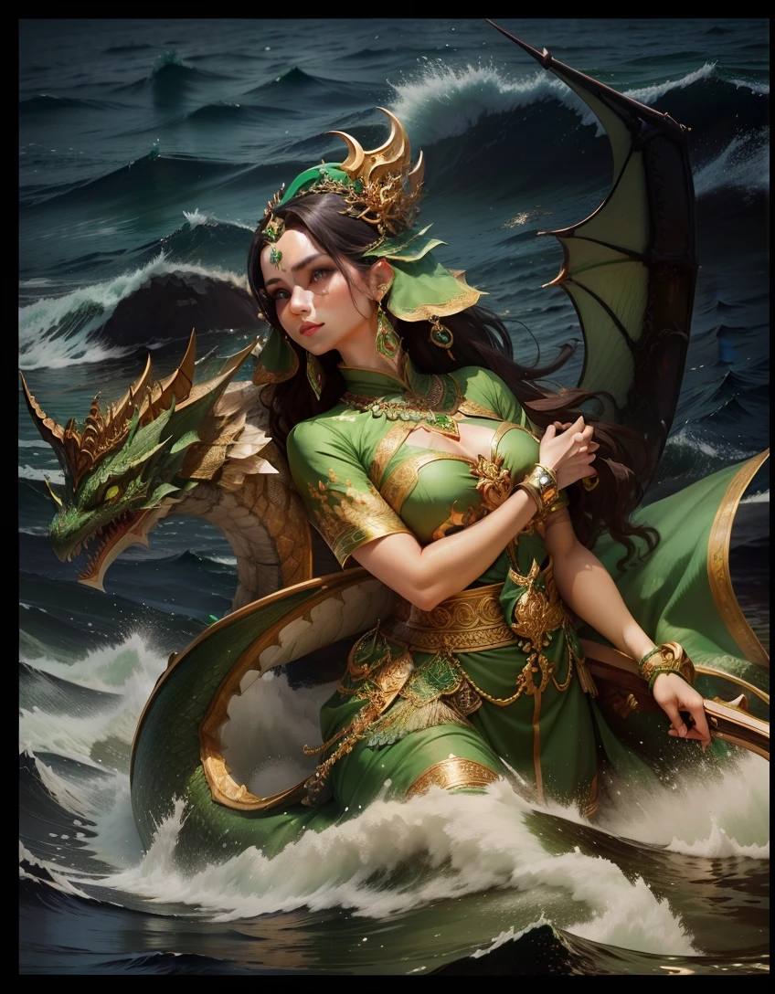 beautyful goodess holding trisula, wearing green emerald javaness traditional cloth, in the middle of the ocean with dragon, super detail, beautyful detail face, photo 8K best quality, hyper realistic, ultra detail