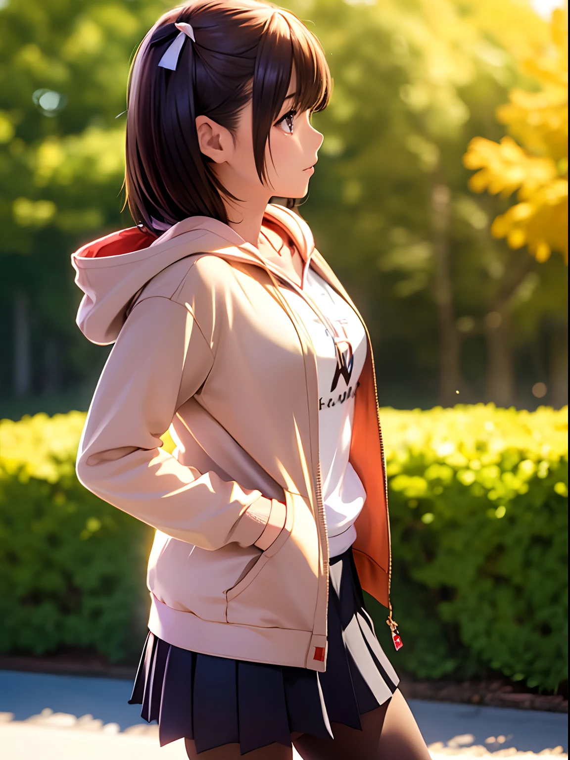 hight resolution,8K,Best Quality,detaileds,semi - realistic anime,Anime 3D Style,Smooth Anime CG,1 girl in,20 year old woman in Japan,slim,modeled,shiny chestnut hair,Medium Hair,Detailed face,Beautiful and detailed eyes,Glowing skin,((Oversized red hoodie)),((Open jacket)),((Brown skirt)),((Black tights)),,a necklace,Autumn twilight,Park of autumn leaves,Maple leaves flutter,Blurry background,portlate,randome pose,Angle from the side