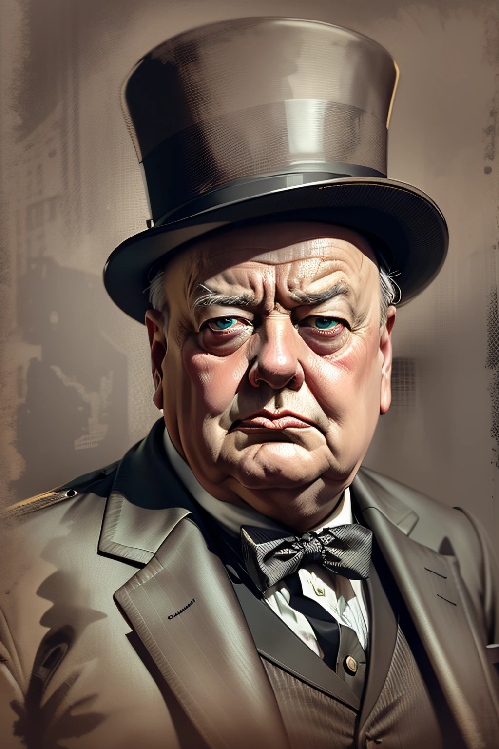 image of a man in top hat and bow tie, inspired by Winston Churchill, Winston Churchill, vector art, inspired by Yousuf Karsh, classic portrait, he is wearing a top hat, digital art portrait, Hitchcock, portrait of Orson Welles, Winston, iconic character of high detail, by Yousuf Karsh, scenery in the background of an office, classical old English office, colorful, fat