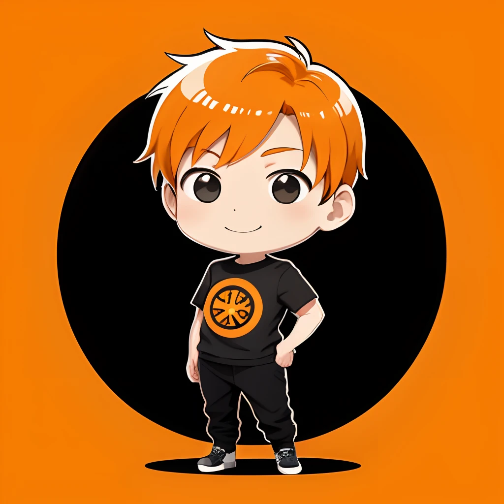 1 boy, Chibi, smile, orange hair, full body, colorful clothes, comic strip, flat color background, a sticker, Thick black outline