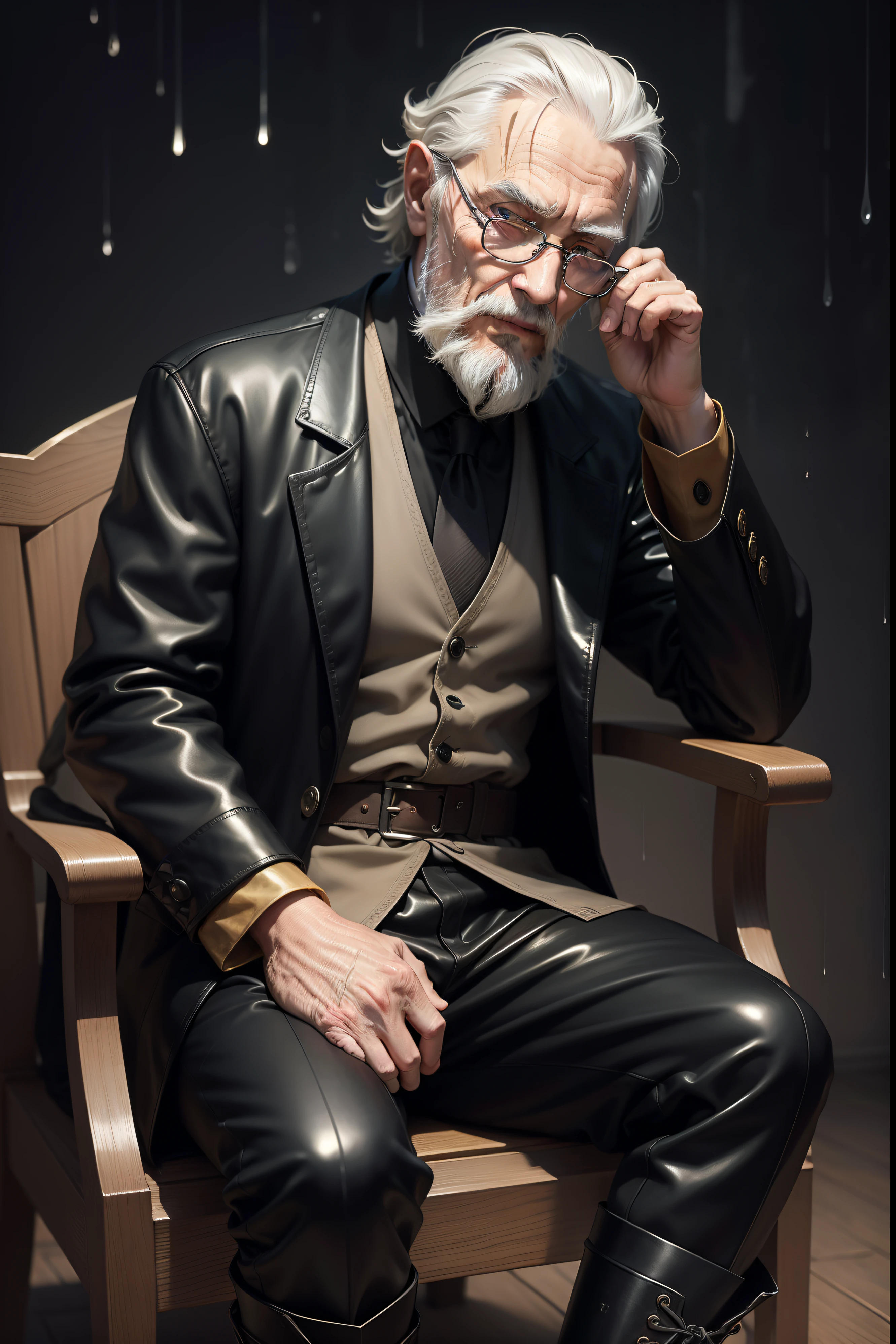 Old gentleman with a goatee，sit on chair，Eyes look at boots，Black high-gloss rain boots, 8K分辨率,Wallpaper masterpiece，Best quality，digitial painting，Highly meticulous，Ultra high quality