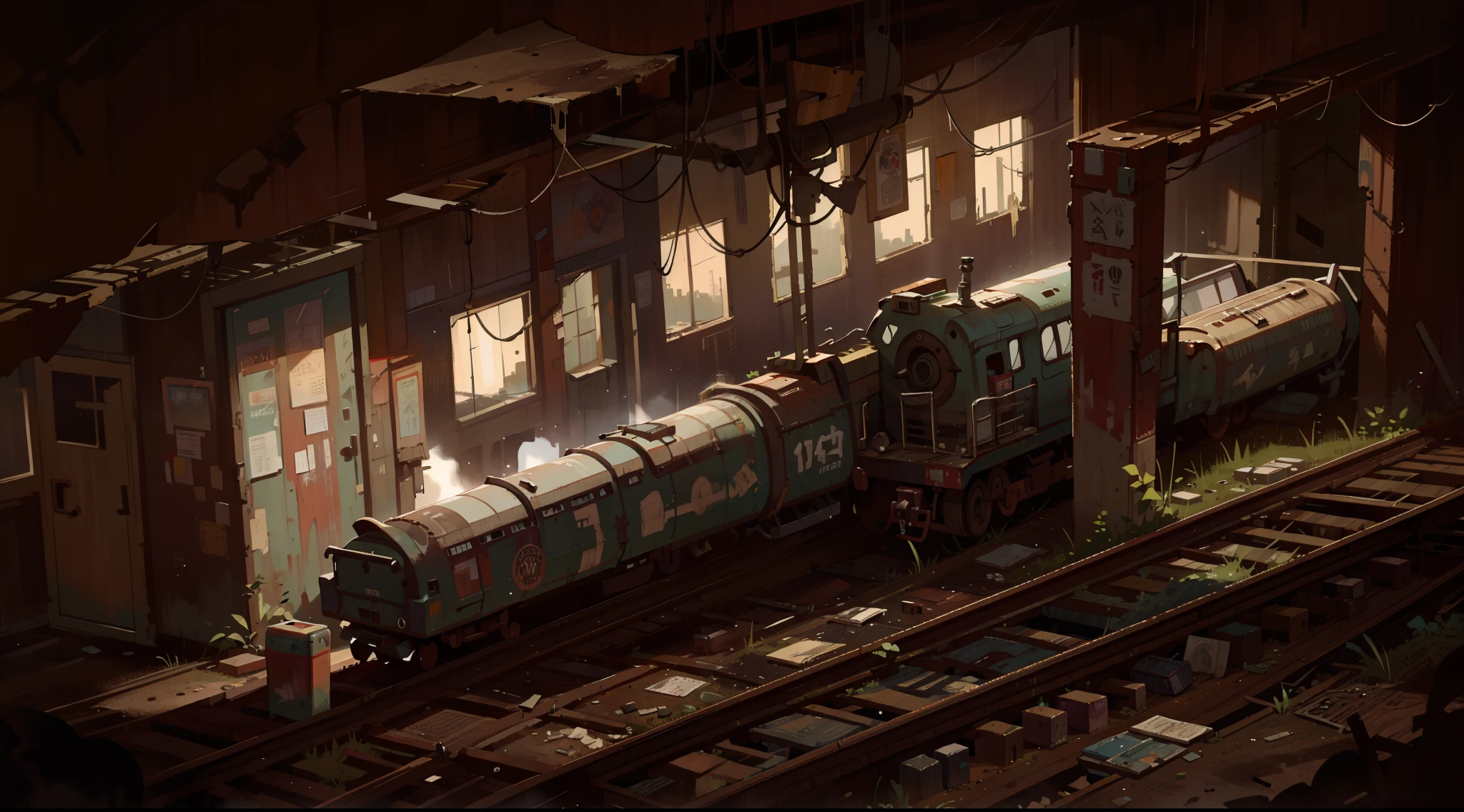 `(best quality,4k,8k,highres,masterpiece:1.2),ultra-detailed,(realistic,photorealistic,photo-realistic:1.37),apocalyptic train station,post-apocalyptic scene,dystopian ambiance,gloomy atmosphere,deserted environment,broken railway tracks,rusty train cars,dilapidated buildings,overgrown vegetation,crumbling pillars,dark and dramatic lighting,ominous clouds in the sky,haunting shadows,old and faded signs,abandoned luggage scattered on the platform,lonely figure standing at the edge,bleak and desolate surroundings,industrial decay,graffiti-covered walls,cracked windows,daylight fading away,pervasive feeling of despair,ominous silence,ominous silence,ghostly echoes of a bygone era,apocalyptic vibe,secrets of the past,ominous sense of anticipation,post-human world`.