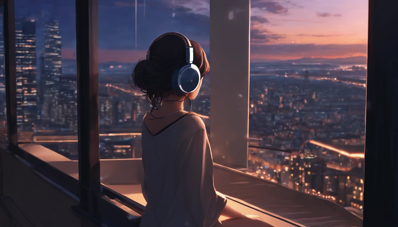 anime girl with headphones looking out a window at a city, lofi girl, anime vibes, lofi artstyle, anime style 4 k, anime aesthetic, nightcore, lofi feel, lofi art, anime art wallpaper 4 k, anime art wallpaper 4k, anime wallpaper 4 k, anime wallpaper 4k, lofi vibes