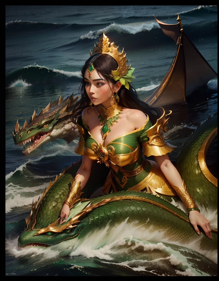 beautyful goodess holding trisula, wearing green emerald javaness traditional cloth, in the middle of the ocean with dragon, super detail, beautyful detail face, photo 8K best quality, hyper realistic, ultra detail