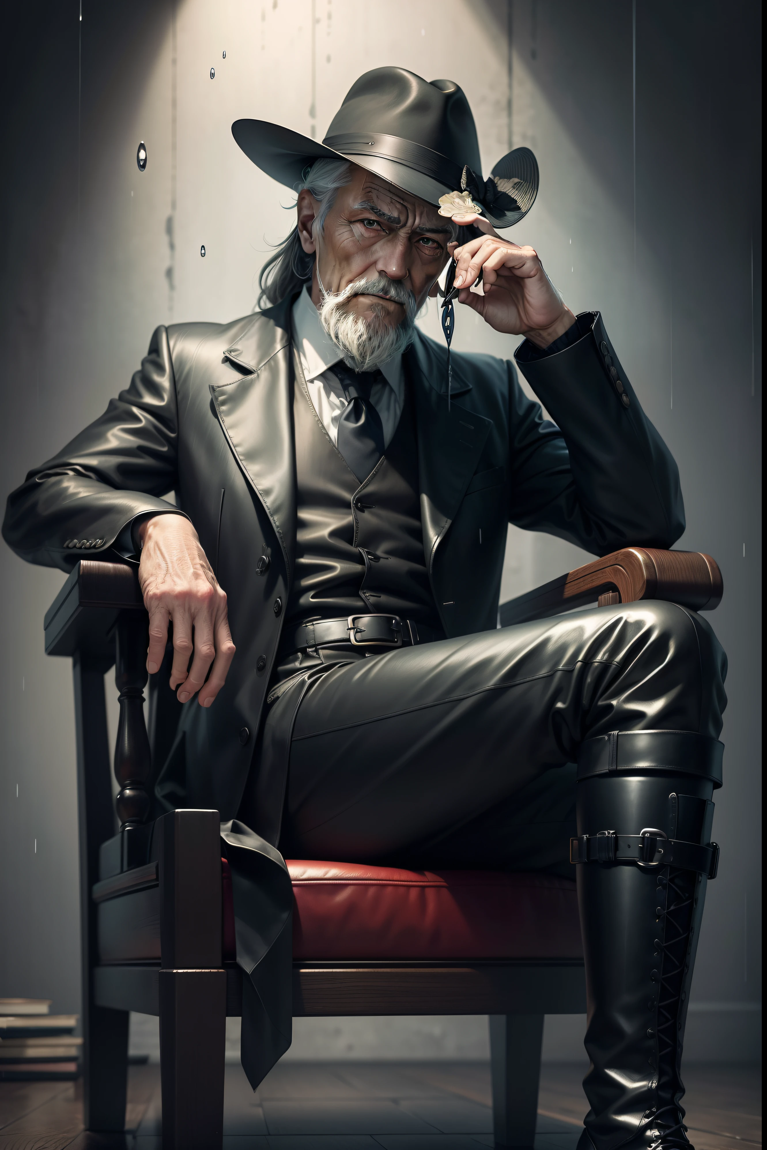Old gentleman with a goatee,sit on chair,Eyes look at boots,Black high-gloss rain boots, 8K分辨率,Wallpaper masterpiece,Best quality,digitial painting,Highly meticulous,Ultra high quality