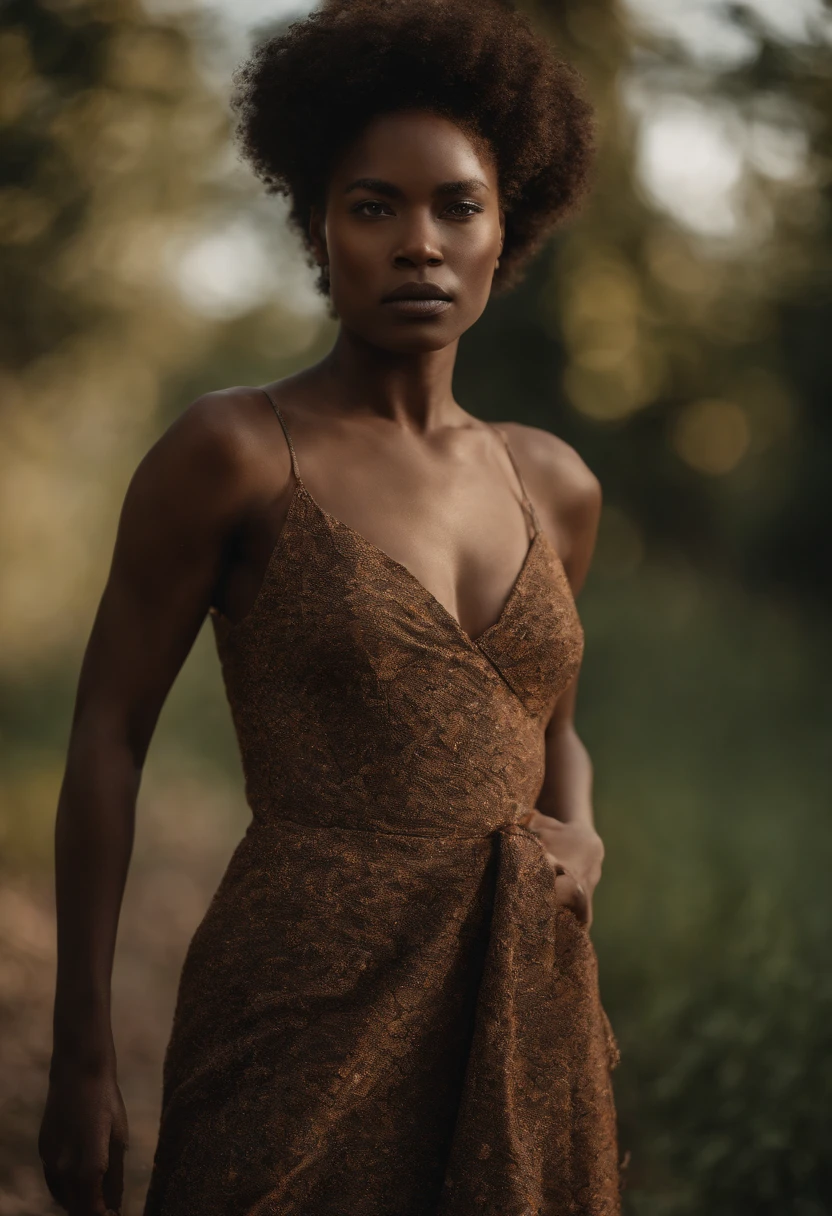 An exquisite portrait of a Black African woman with deep ebony skin, the photograph captured in stunning 8k resolution and raw format to preserve the highest quality of details. The woman's beauty is undeniable, her face commanding the frame in a close-up shot that reveals the intricate details of her eyes. She wears a dress that complements her radiant skin, and her eyes are portrayed with meticulous attention to detail, showcasing the captivating depth within. The photograph is taken with a lens that emphasizes the defiance in her gaze, and the backdrop is a dark studio setting that enhances the muted colors of the scene. The lighting and shadows are expertly crafted to bring out the richness of her skin tone and the subtle nuances of her features. Her ginger hair, with its distinct hue, adds a touch of warmth and contrast against her ebony skin. The interior setting adds a sense of intimacy, while the freckles on her skin tell their own story. The overall composition captures her essence with authenticity and grace, creating a portrait that is a celebration of her heritage and beauty. Photography by defiance512, utilizing the best techniques for shadow and lighting, to create a mesmerizing portrayal that transcends the visual.