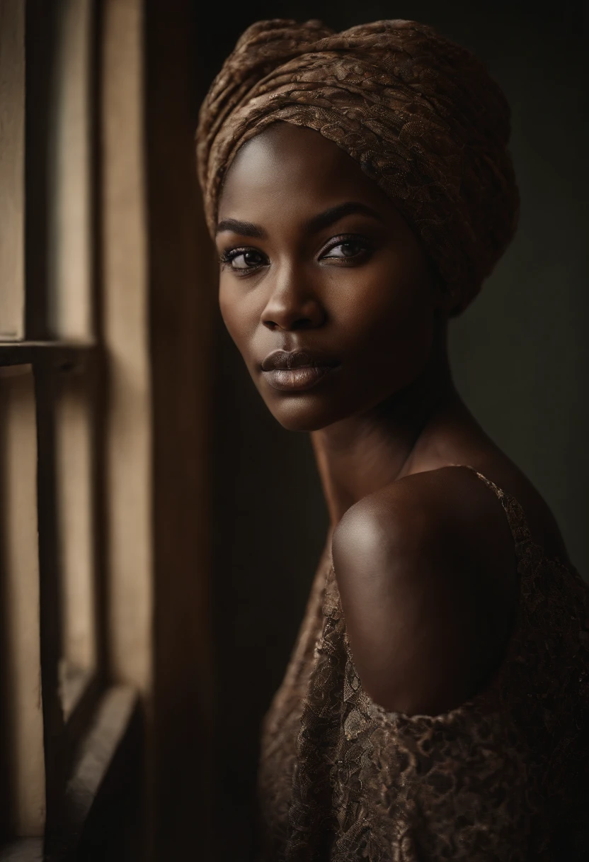 An exquisite portrait of a Black African woman with deep ebony skin, the photograph captured in stunning 8k resolution and raw format to preserve the highest quality of details. The woman's beauty is undeniable, her face commanding the frame in a close-up shot that reveals the intricate details of her eyes. She wears a dress that complements her radiant skin, and her eyes are portrayed with meticulous attention to detail, showcasing the captivating depth within. The photograph is taken with a lens that emphasizes the defiance in her gaze, and the backdrop is a dark studio setting that enhances the muted colors of the scene. The lighting and shadows are expertly crafted to bring out the richness of her skin tone and the subtle nuances of her features. Her ginger hair, with its distinct hue, adds a touch of warmth and contrast against her ebony skin. The interior setting adds a sense of intimacy, while the freckles on her skin tell their own story. The overall composition captures her essence with authenticity and grace, creating a portrait that is a celebration of her heritage and beauty. Photography by defiance512, utilizing the best techniques for shadow and lighting, to create a mesmerizing portrayal that transcends the visual.