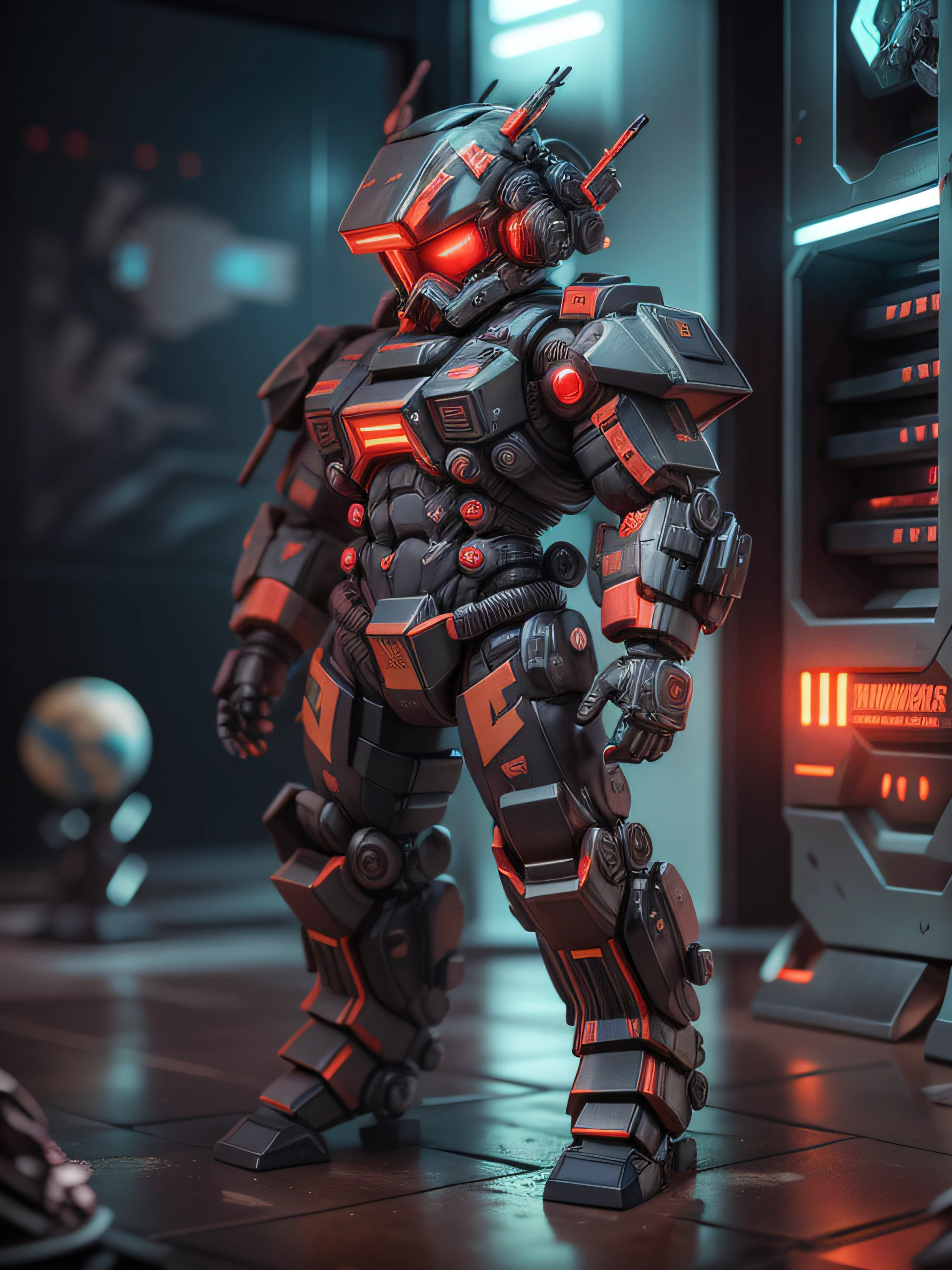 (Blind box toy style:1.2), (Full body shot) , 1 cute fat metal male machine gunner, Metal mech，Metal opaque helmet, cyber punk perssonage, dreamy glow, Clean, Black draft,Red and black style， ( Global illumination, Ray traching, hdr, unreal render,reasonable design, high detal, Masterpiece, Best quality, hyper HD, Cinematic lighting)