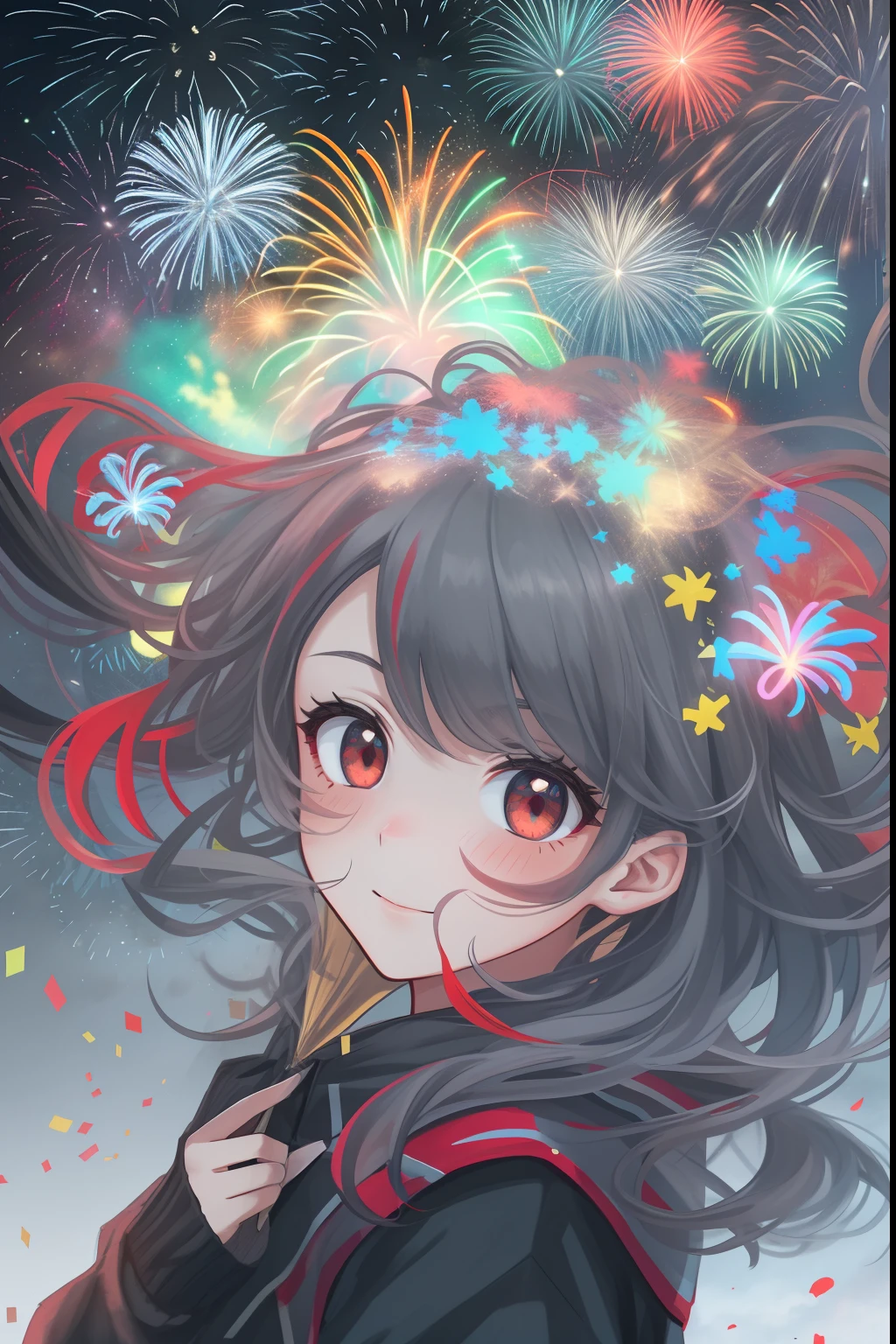 1girll，sideface，Sideways， Expose the whole body，Nice face，red pupils，Gray-black hair，Fireworks in bloom，Colorful fireworks，fire works，daysies，Floating in the sky，brightly，cheerfulness，Warm and soft lighting，early evening，Blue，light cloud，Bar cloud