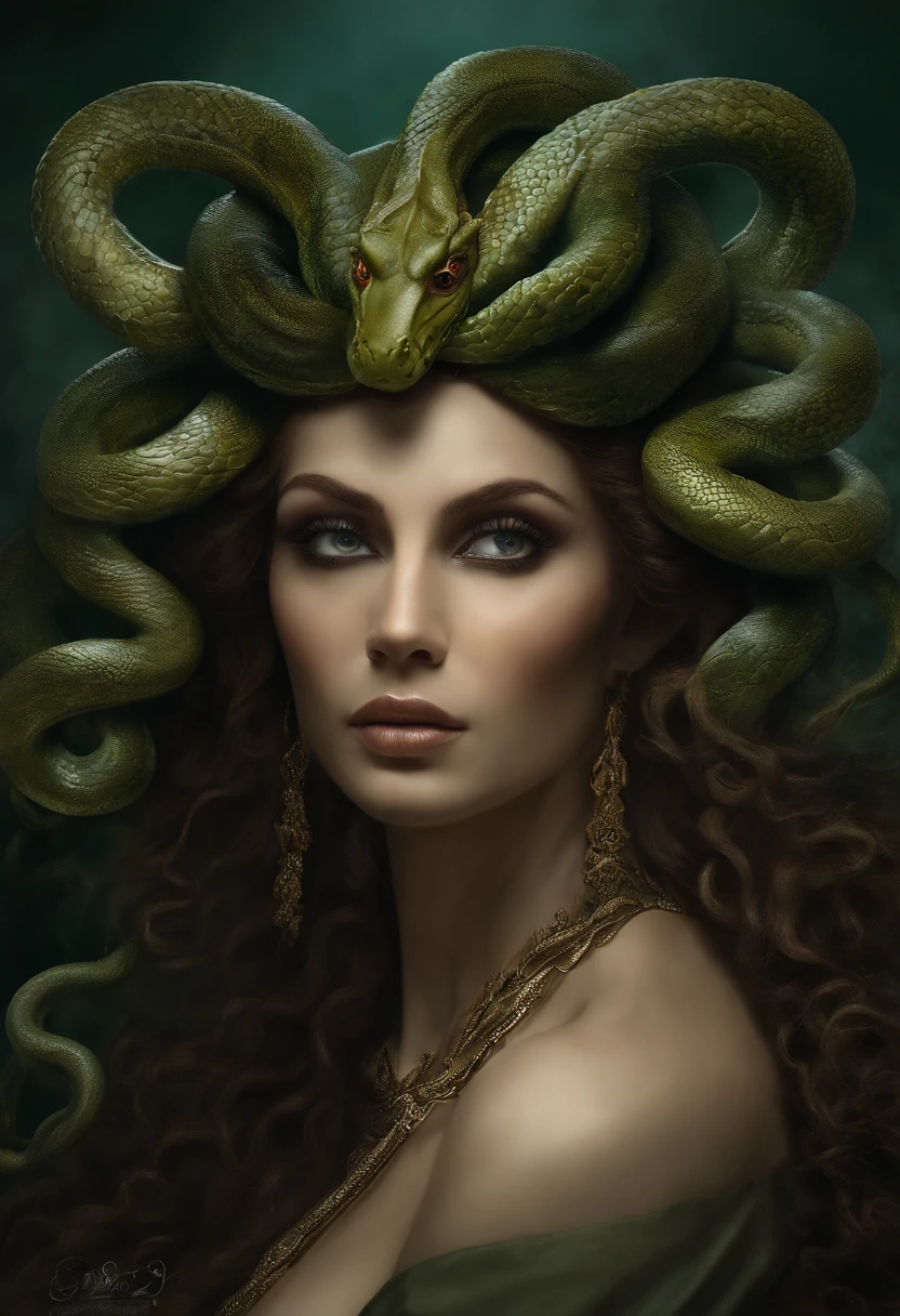 A beautiful photo of the gorgon Medusa, naked, nipples and areolas, turning warriors into stone with her gaze, 16x9 aspect ratio intricate details photorealistic Dynamic lighting Masterpiece quality.