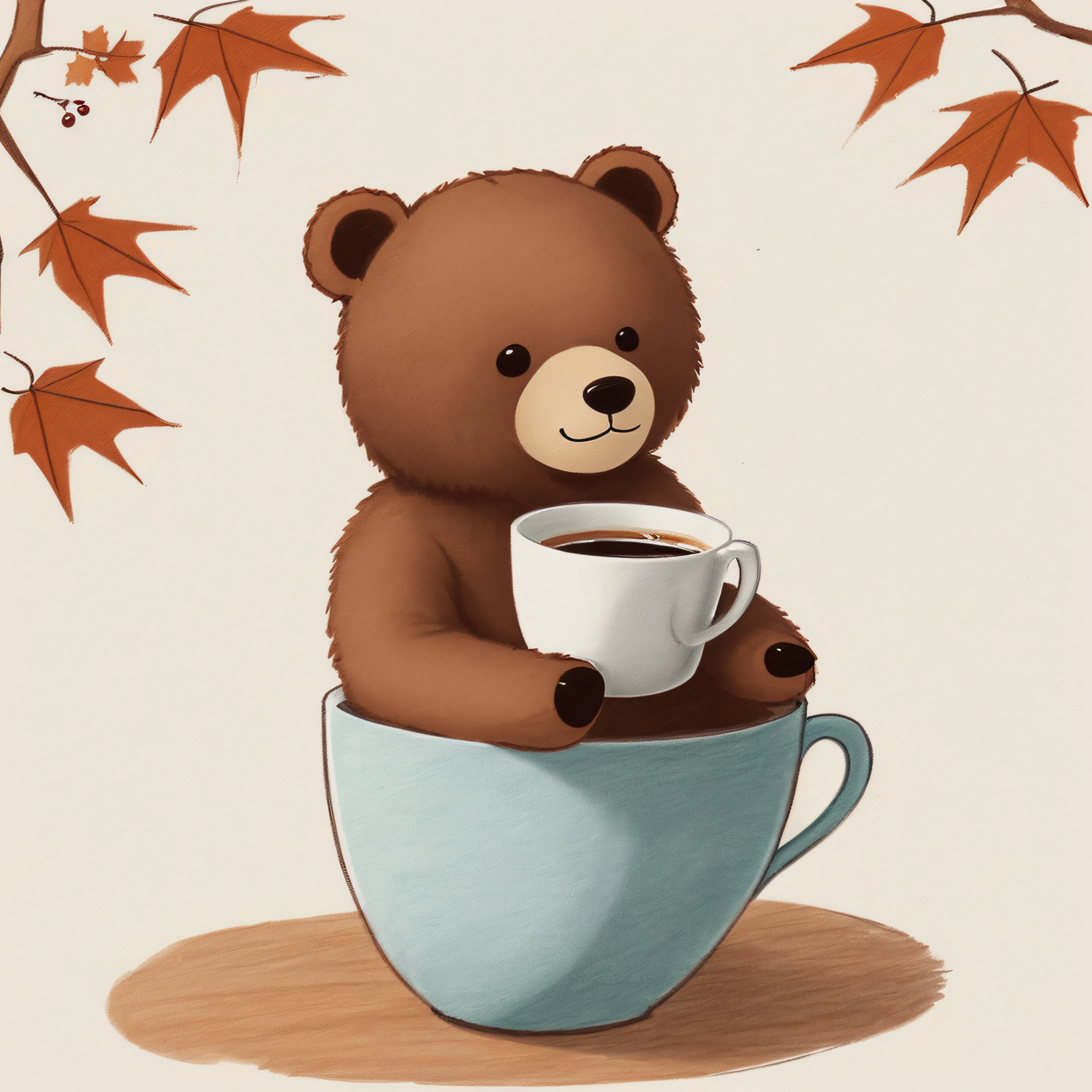 Simple drawing method, Gentle color illustration, drinking a cup of coffee, autumnal, Cute Bear