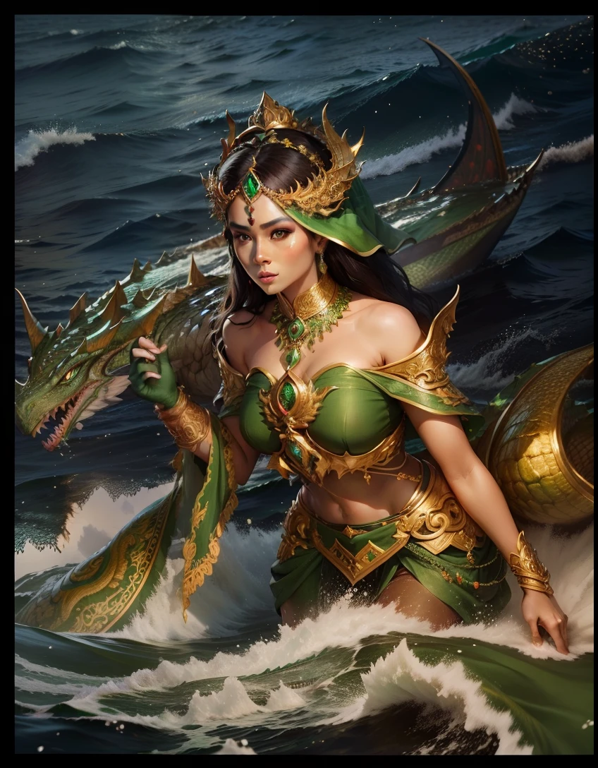 beautyful goodess holding trisula, wearing green emerald javaness traditional cloth, in the middle of the ocean with dragon, super detail, beautyful detail face, photo 8K best quality, hyper realistic, ultra detail