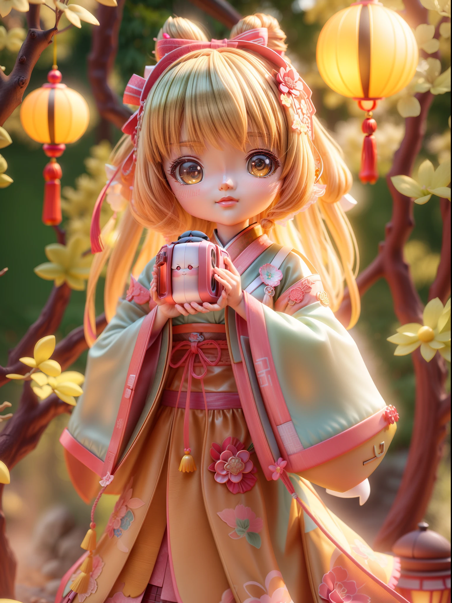 Blind box toy style:Close-up of doll wearing Hanfu ta, Resin texture material,anime styled 3d, 8k high-quality detailed art, Stylized anime, 3 d render stylized, Cute detailed digital art, lovely art style, Small Chinese lantern and ancient tree in background,8K, cute 3 d render, render of a cute 3d anime girl, Anime Stylization, adorable digital art,Soft lighting,The light is earthy yellow,