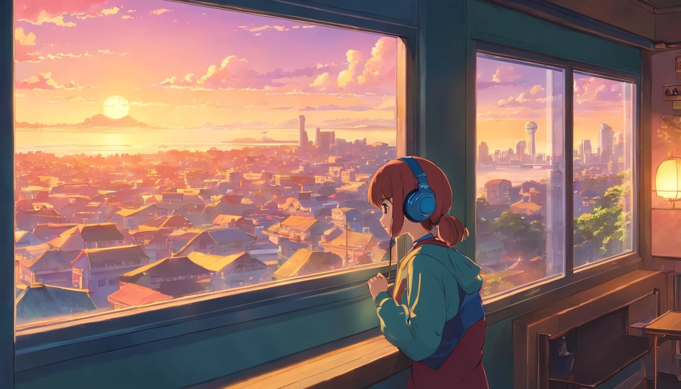 anime girl with headphones looking out a window at a city, lofi girl, anime vibes, lofi artstyle, anime style 4 k, anime aesthetic, nightcore, lofi feel, lofi art, anime art wallpaper 4 k, anime art wallpaper 4k, anime wallpaper 4 k, anime wallpaper 4k, lofi vibes