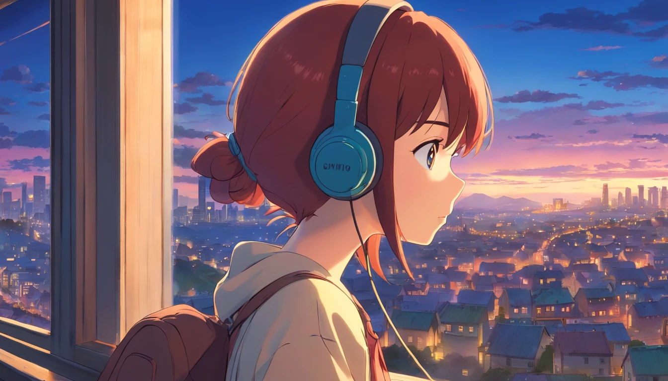 anime girl with headphones looking out a window at a city, lofi girl, anime vibes, lofi artstyle, anime style 4 k, anime aesthetic, nightcore, lofi feel, lofi art, anime art wallpaper 4 k, anime art wallpaper 4k, anime wallpaper 4 k, anime wallpaper 4k, lofi vibes