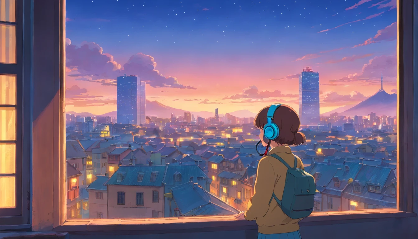 anime girl with headphones looking out a window at a city, lofi girl, anime vibes, lofi artstyle, anime style 4 k, anime aesthetic, nightcore, lofi feel, lofi art, anime art wallpaper 4 k, anime art wallpaper 4k, anime wallpaper 4 k, anime wallpaper 4k, lofi vibes