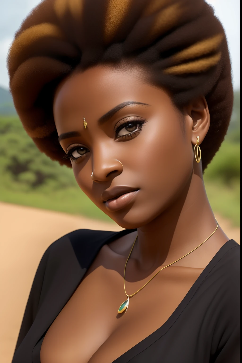uma africana africana pele marrom escura:2, olhos verdes cintilantes:2, pose pra foto, sentada na estrada pose pra foto, mega hair, cabelos grisalhos longos, folhas ao vento, imagem intrigante cores vividas, vestido prateado longos, (((sapatos brancos))), Sharp image, rosto de modelo, 8k, imagem profissional, iso100,