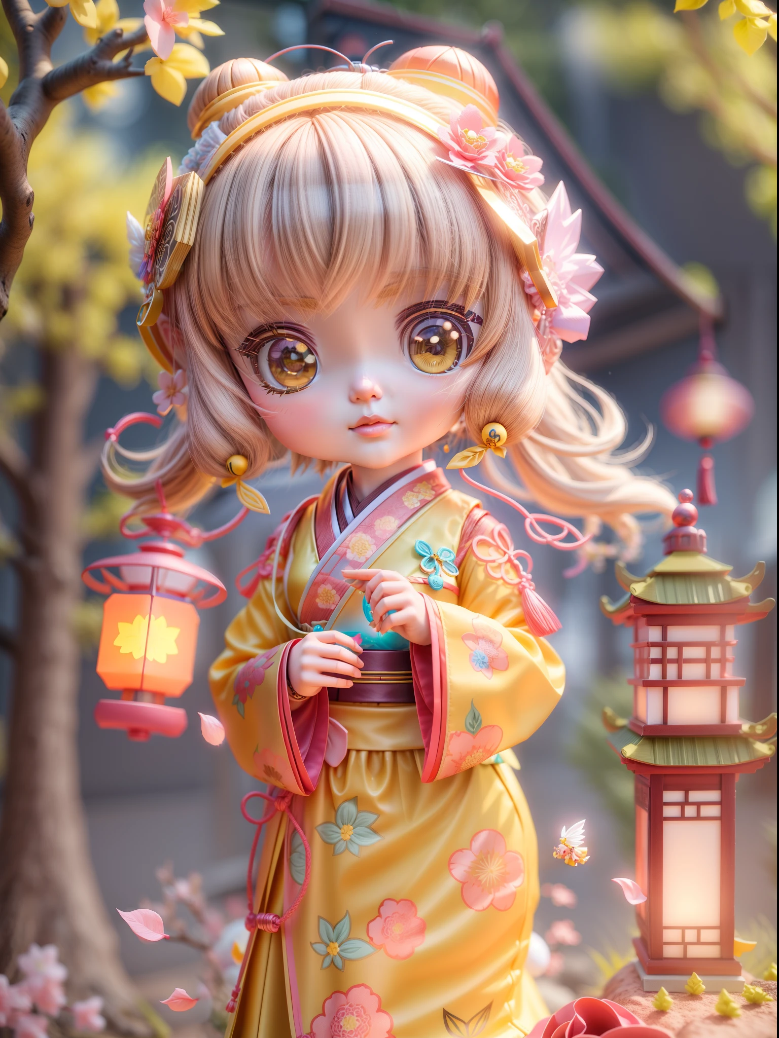Blind box toy style:Close-up of doll wearing Hanfu ta, Resin texture material,anime styled 3d, 8k high-quality detailed art, Stylized anime, 3 d render stylized, Cute detailed digital art, lovely art style, Small Chinese lantern and ancient tree in background,8K, cute 3 d render, render of a cute 3d anime girl, Anime Stylization, adorable digital art,Soft lighting,The light is earthy yellow,