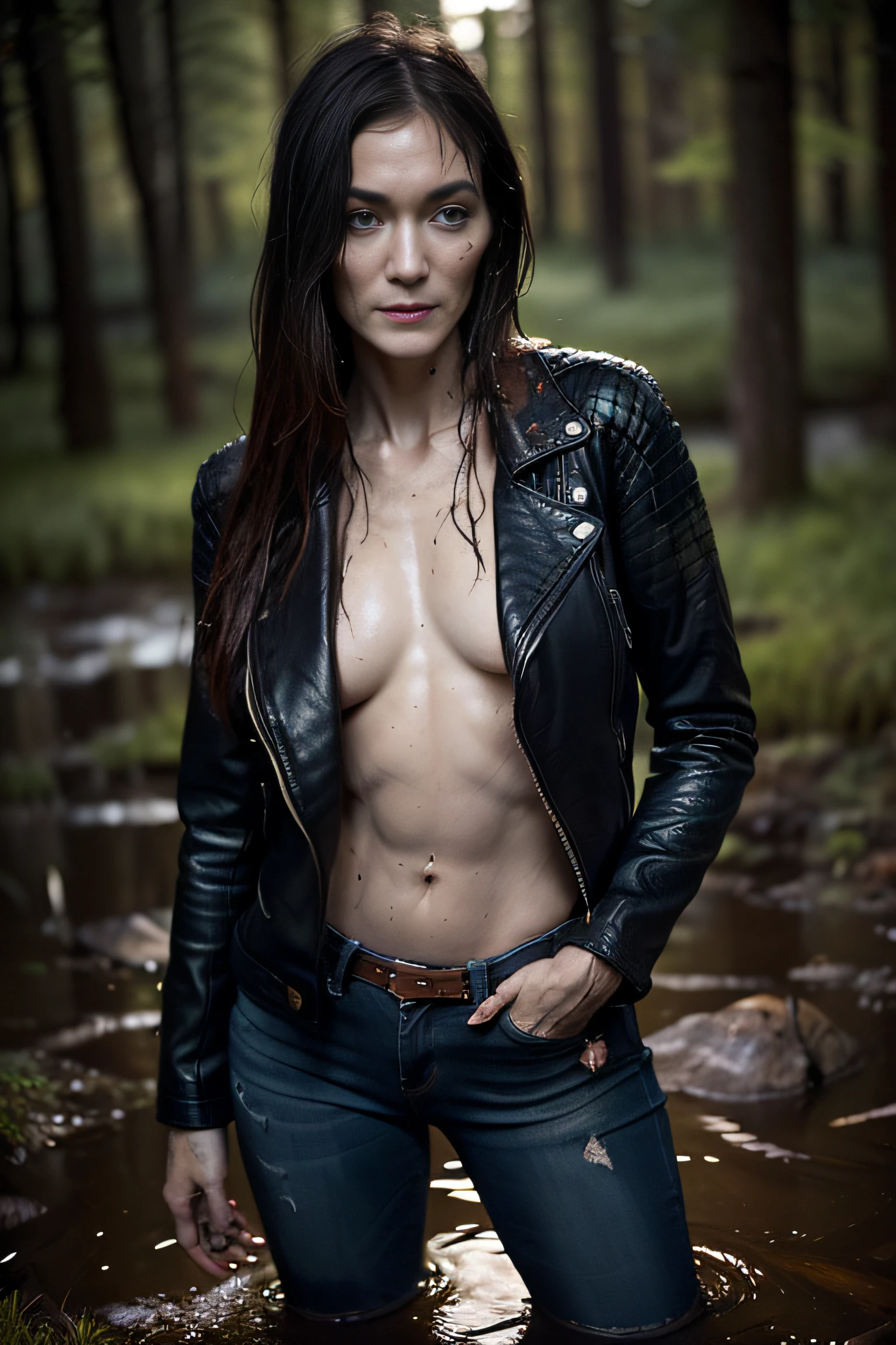 Tormented by lust, A woman in jeans and a leather jacket was caught off guard in the woods at night, indulging in his sexual fetish of drowning in a swamp. Lust makes her plunge into the swamp up to her thighs. Her face is haggard and (dehydrated). She is perplexed and looks around in fright, But her reputation is ruined. There is pitch darkness all around, The light only comes from the camera's flash.
TAGS: night time, blurred background, (It's dark all around:1.7), (Light only from the camera:1.7). The woman, (Tormented by lust:1.6), wearing jeans, leather jacket, swamp, (stands, drowning in a bog:1.6), (Sexual fetish:1.3), fright, stunned, Looking around. (emaciated face:1.6), (dehydrated face:1.6), (Swollen:1.6), (Copper-red shoulder-length hair:1.2), (Moral decay, Shattered reputation:1.2),