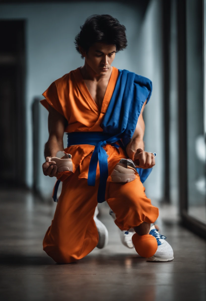 arafed image of goku holding a shoe with a blue shoelace, advertising photo, product advertisement, photography shot, advertising photography, salomon, official product photo, ad image, promo image, advertisement photography, cover shot, sneaker photo, running shoes, eng kilian, photoshoot, reebok, promotional images, eye catching composition, commercial photo