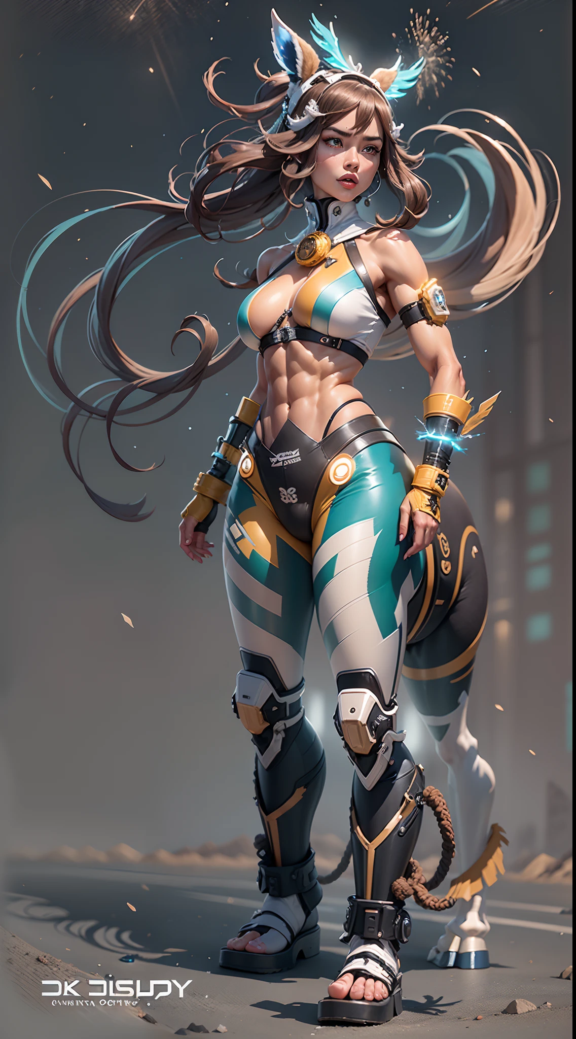 In a very grand scene，The extra-large wide-angle lens captures the appearance of a female centaur。She is tall，It has the ultimate curvy beauty，The muscles are slender and firm，Beautiful lines。Her facial features are tough and coquettish，Always with a sunny smile。She wears special tight-fitting equipment with a strong sense of technology，Step on multifunctional off-road style heels，Delicate and practical protective gear is worn on the hands, feet, wrists, neck and shoulders。The detection equipment around you flashes various cue lights and neon-like information screens，Let her exude a charming brilliance。Use Midjourney's advanced tools，Design special tight-fitting equipment for female centaurs，Highlight her unique physiological characteristics and appearance details，Add realism。And in her adventure scene，Spectacular views of nature，Such as the sky where storms and sunny days alternate、Brilliant rivers of stars and auroras、The snow-capped summit of Mount Everest、Fireworks in the mountain town, etc。ao mesmo tempo，Away from the hustle and bustle of Long Beach Pier is a neon-lit spaceship docked，Create a fantastic scene。Use Midjourney's advanced tools and multiple color palettes、Brush Strokes、Texture tools and model packages，It shows a sense of atmosphere where beauty and charm coexist。The charm of the female centaur is highlighted through color and lines，Enhance realism with detailing，Create a surreal dreamy feeling。Additionally，Use Midjourney's tools to add a variety of extreme sports gear and cultural trinkets to the female centaur，Create intricate hairstyles and outfits，Give her a sense of premium。She never flinches，Regardless of the terrain，can respond quickly，Even the extreme geography and dangerous terrain of aliens cannot stop her。Use Midjourney's powerful tools，You can do it with incredible detail and beauty，Bring this ultra-grand and beautiful scene to life。Ultra-grand scenes，super wide shot， hdr，（真实感，Masterpiece quality，best qualtiy），