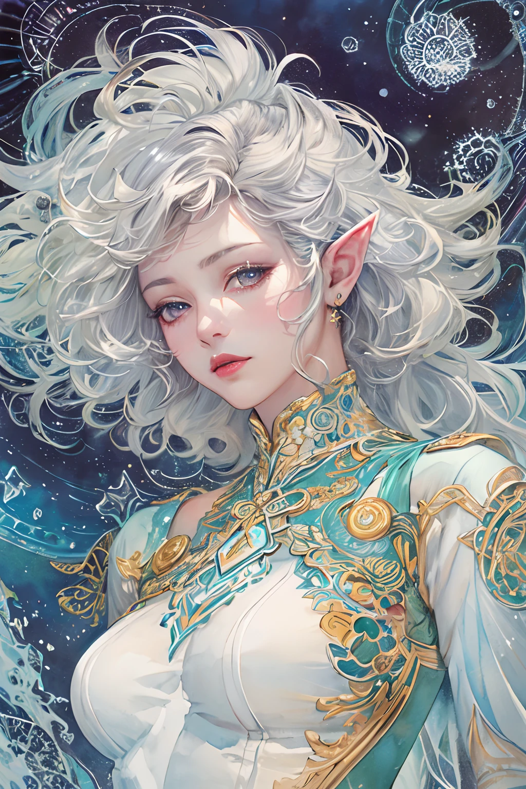 (tmasterpiece、top-quality、top-quality、watercolor paiting(curly)、offcial art、aestheticly pleasing:1.2)、(1girl in:1.3)、(Fractal art:1.3)、The upper part of the body、From the side Side、looking at viewert、patterns、(colorfulhair、Half-blonde,Half of the hair is silver:1.2)、Eau、liquids、clouds、Extremely colorful、starrysky、stone monument、tarot cards,the elf,lipsticks,Ruddy complexion,