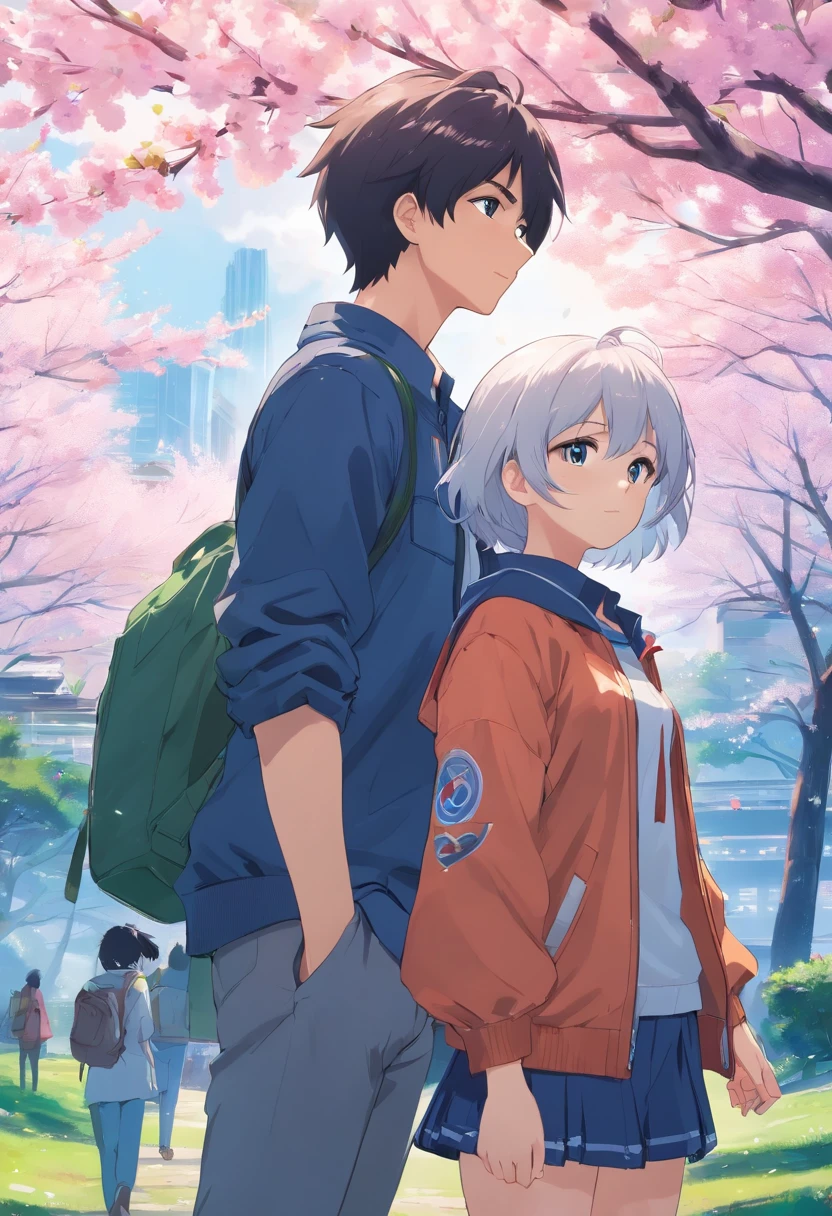 A white hair anime handsome, good looking cute boy wearing dark blue jacket , palms in the bunk of a large cherry blossom tree, he is looking at it . sakuras are scattering in the wind . an pretty anime cute girl with black hair standing afar with her back to the boy . wind is blowing , she looks back holding the locks of her hair