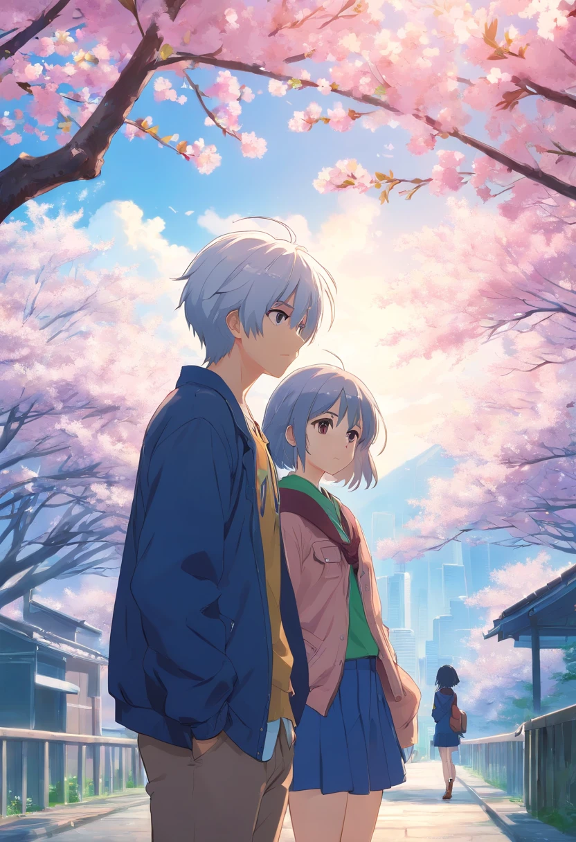 A white hair anime handsome, good looking cute boy wearing dark blue jacket , palms in the bunk of a large cherry blossom tree, he is looking at it . sakuras are scattering in the wind . an pretty anime cute girl with black hair standing afar with her back to the boy . wind is blowing , she looks back holding the locks of her hair