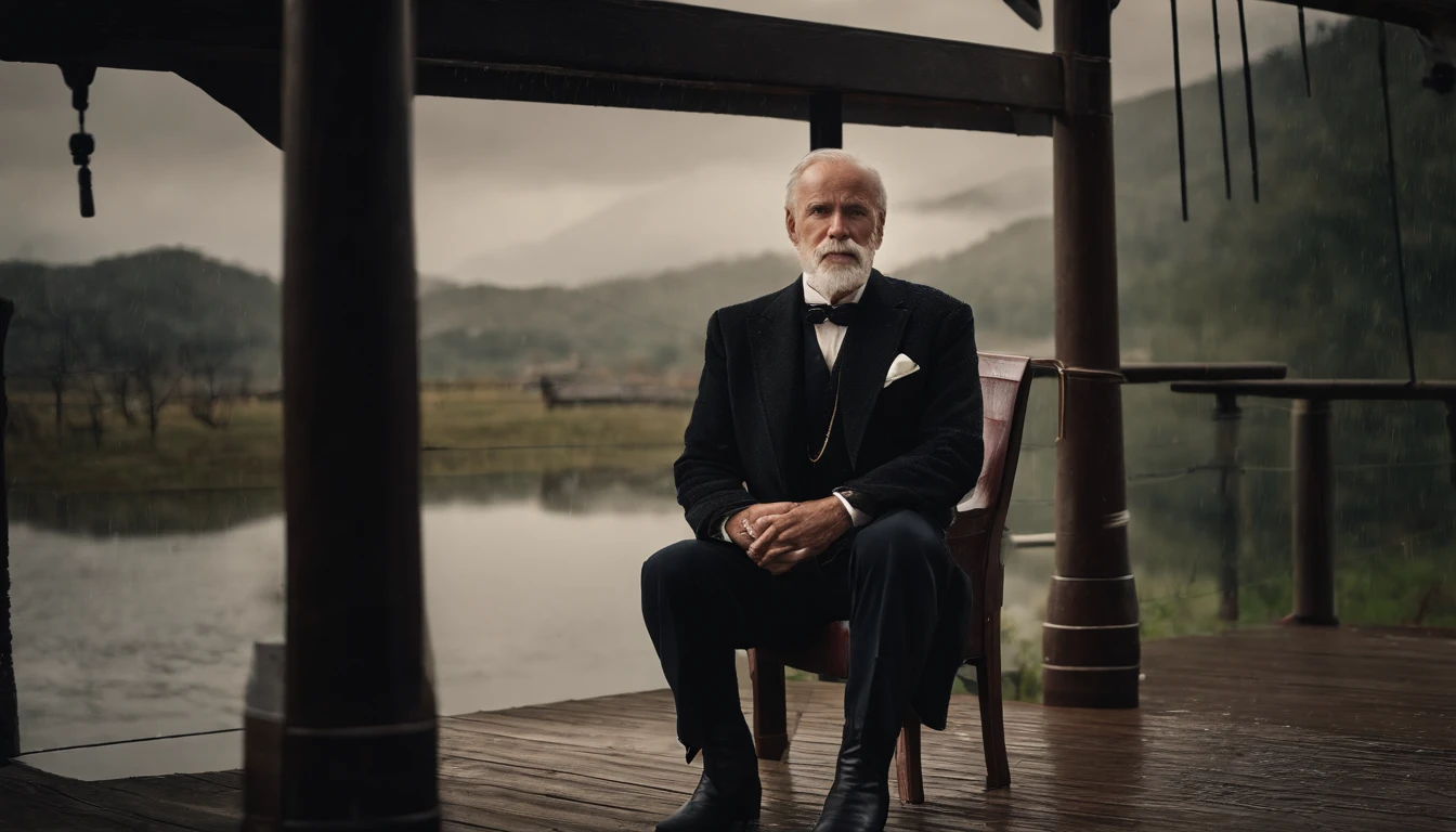 Old gentleman with a goatee，sit on chair，Eyes look at boots，Black high-gloss rain boots, 8K分辨率,Wallpaper masterpiece，Best quality，digitial painting，Highly meticulous，Ultra high quality