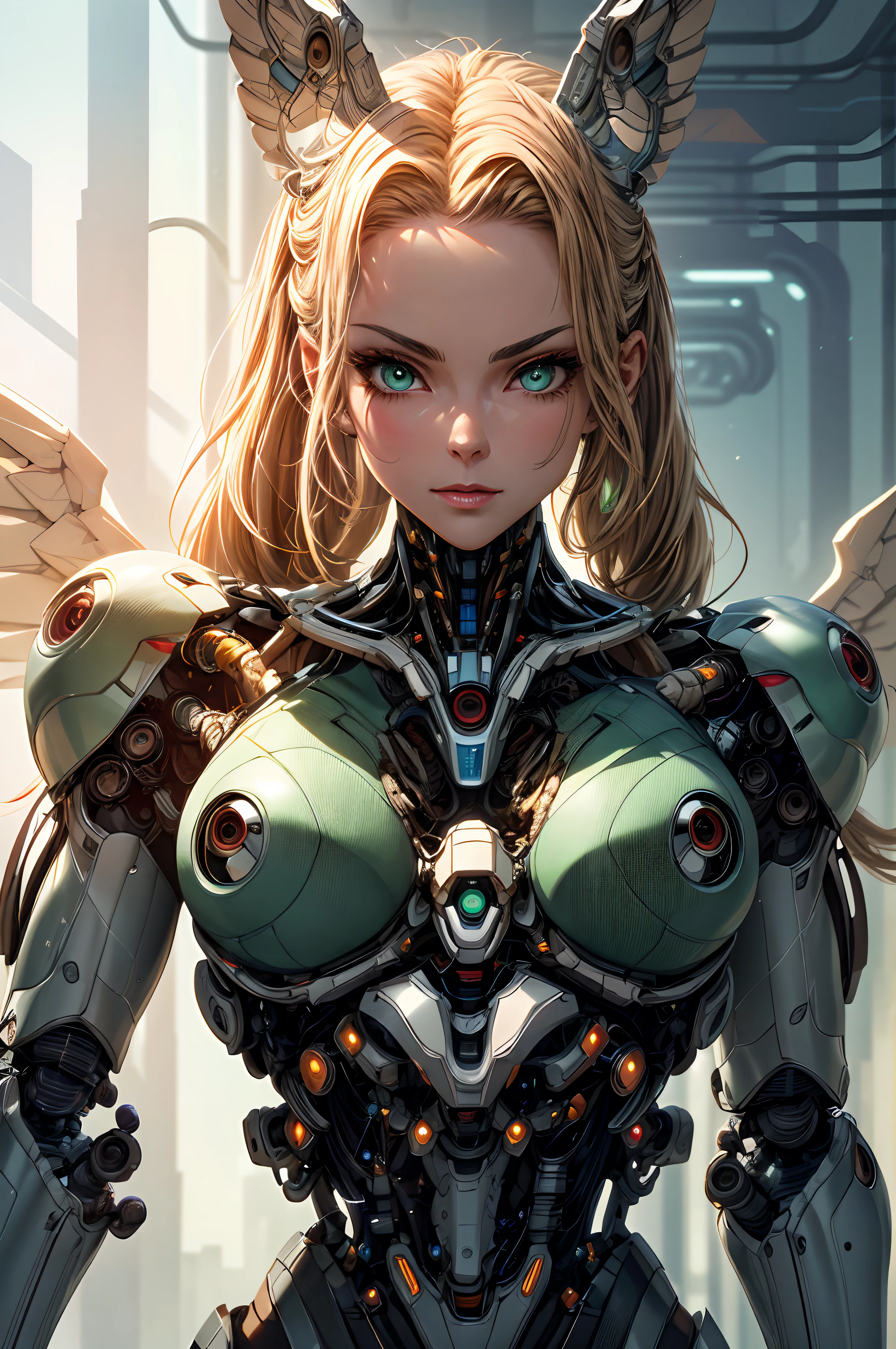 (masterpiece, best quality:1.2), ((muscular:1.2)),masterpiece, best quality, movie,official art, promotional art, movie wallpaper, extremely detailed CG unity 4k wallpaper, intricate details, white background, full body, concept art, production art, (Mechanical components:1.5),(mechanical prosthesis:1.5), mechanical wings, wings, highres, (realistic, photo-realistic:1.2), physically-based rendering, machinery, reflection, realistic, cyberpunk, symmetric front view close up head shot eyes symmetry face very sharp focus realistic award winning matte drawing cinematic lighting 1girl, robot, (illustration:1.1), slim, fair skin,delicate face, tights,shine, Bodysuit, (blond long hair),green eyes, laboratory, chip, shine,braid